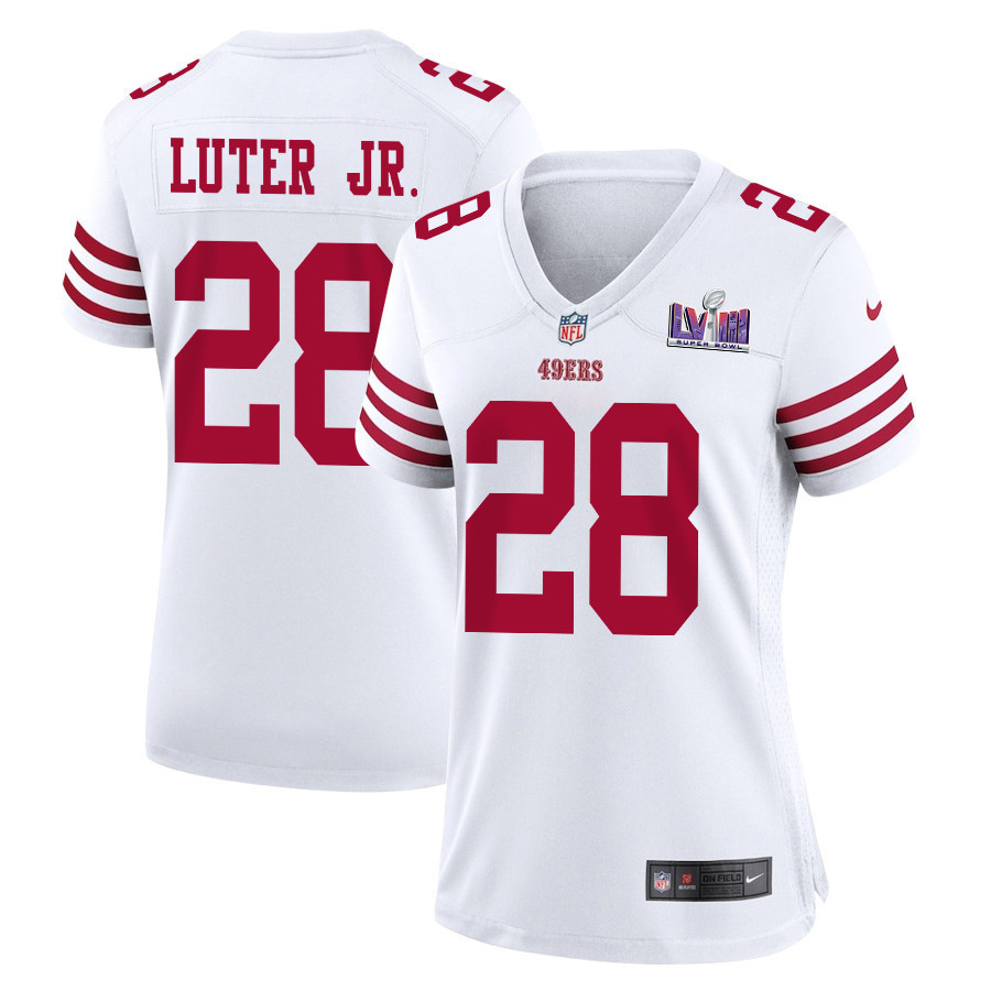 Darrell Luter Jr. 28 San Francisco 49ers Super Bowl LVIII Patch Game Women Jersey - White
