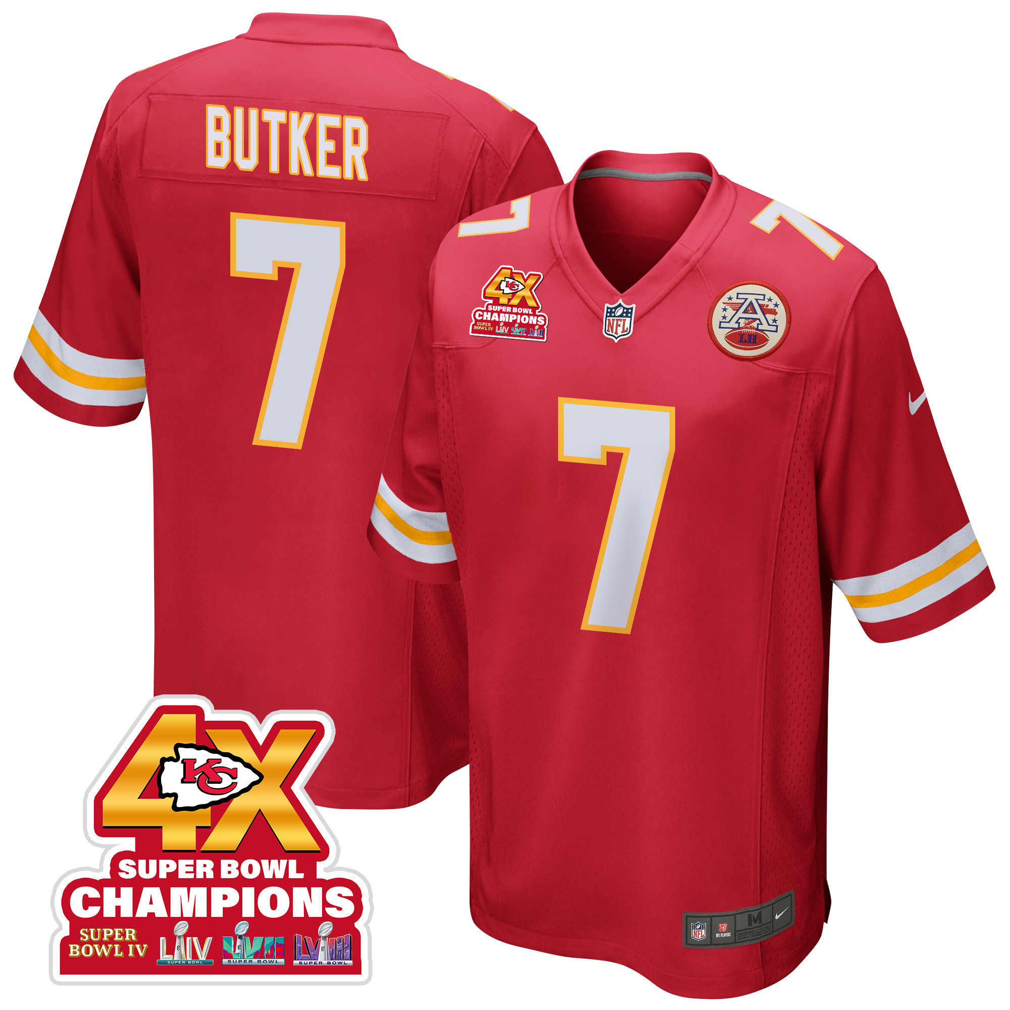 Harrison Butker 7 Kansas City Chiefs Super Bowl LVIII Champions 4X Game Men Jersey - Red