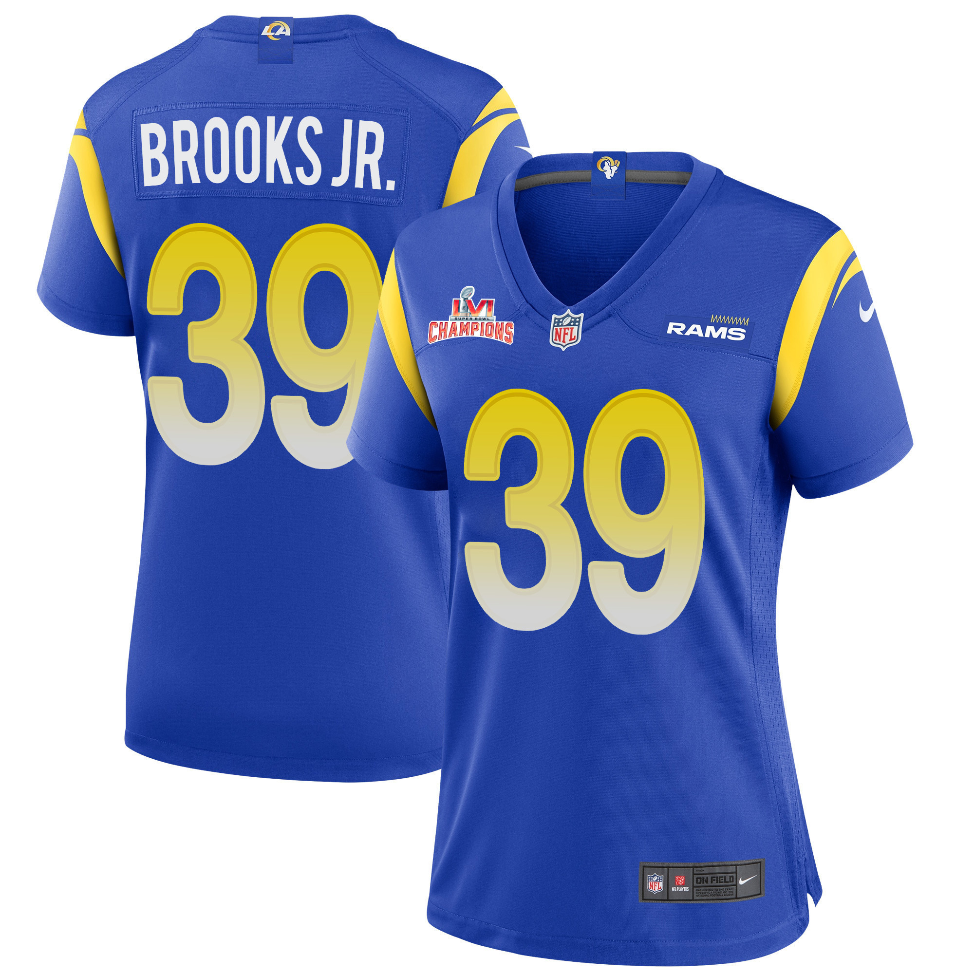 Super Bowl LVI Champions Los Angeles Rams Antoine Brooks Jr. 39 Royal Women's Jersey Jersey