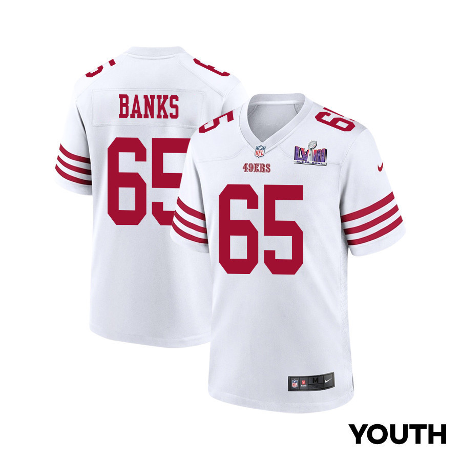 Aaron Banks 65 San Francisco 49ers Super Bowl LVIII Patch Game YOUTH Jersey - White