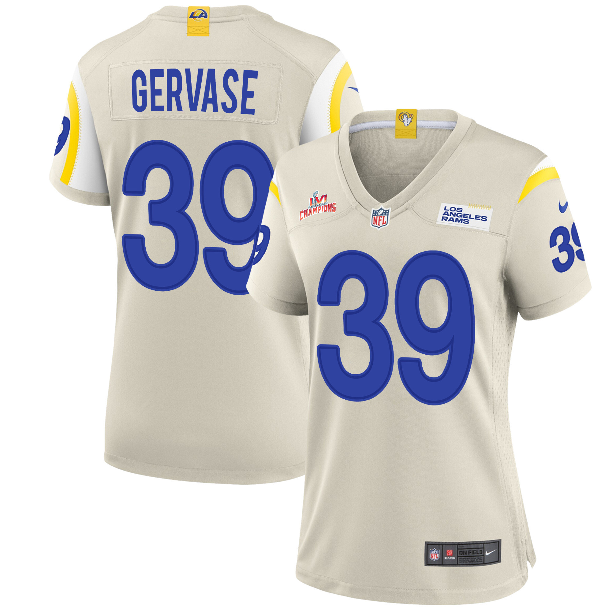 Super Bowl LVI Champions Los Angeles Rams Jake Gervase 39 Bone Women's Jersey Jersey