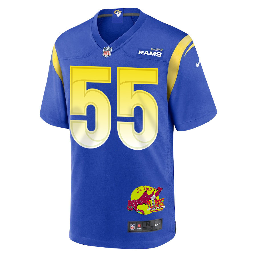 Braden Fiske 55 Los Angeles Rams Super Bowl LIX New Orleans Patch Game Men Jersey - Royal
