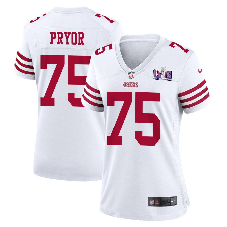 Matt Pryor 75 San Francisco 49ers Super Bowl LVIII Patch Game Women Jersey - White