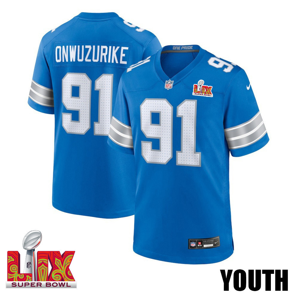 Levi Onwuzurike #91 Detroit Lions Super Bowl LIX YOUTH Jersey - Blue