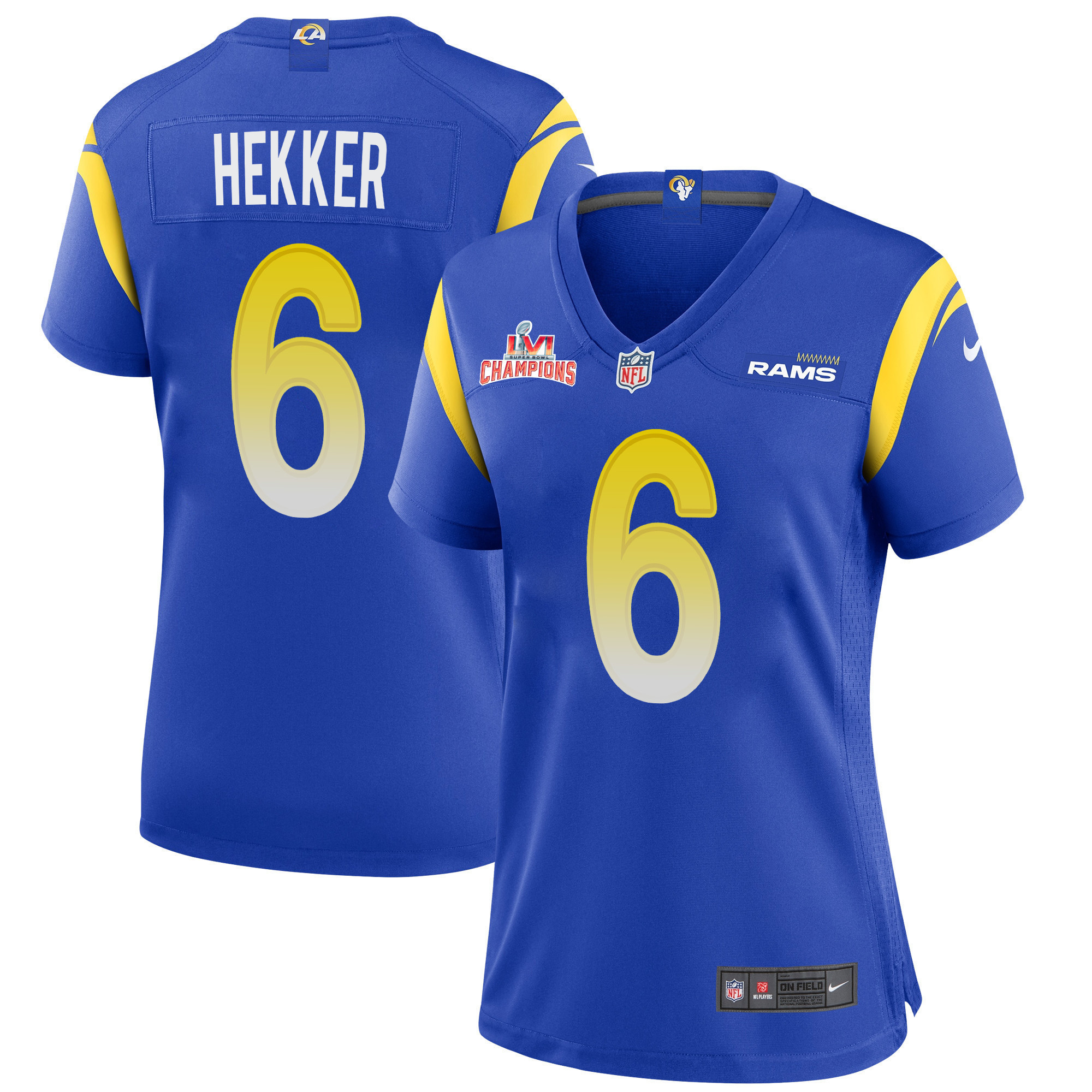 Super Bowl LVI Champions Los Angeles Rams Johnny Hekker 6 Royal Women's Jersey Jersey