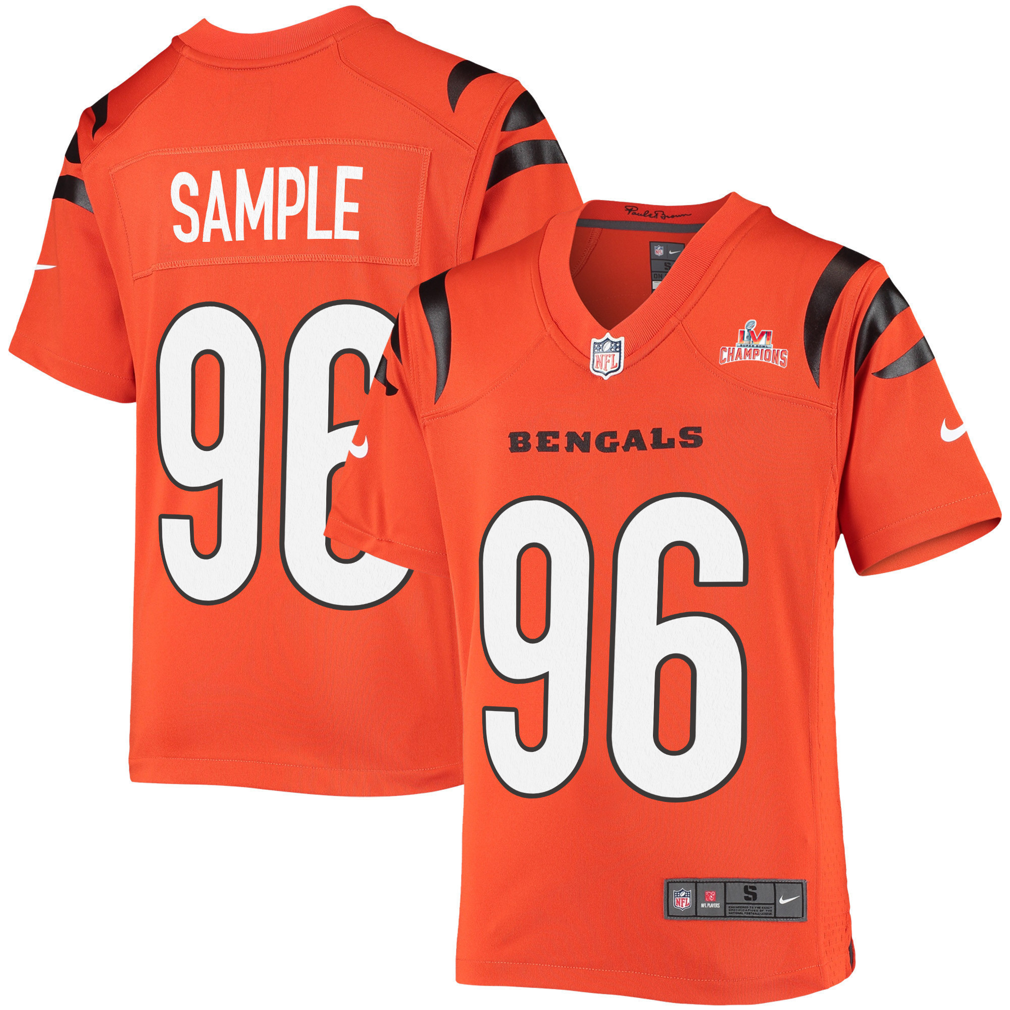 Super Bowl LVI Champions Cincinnati Bengals Cam Sample 96 Orange Youth's Jersey Jersey