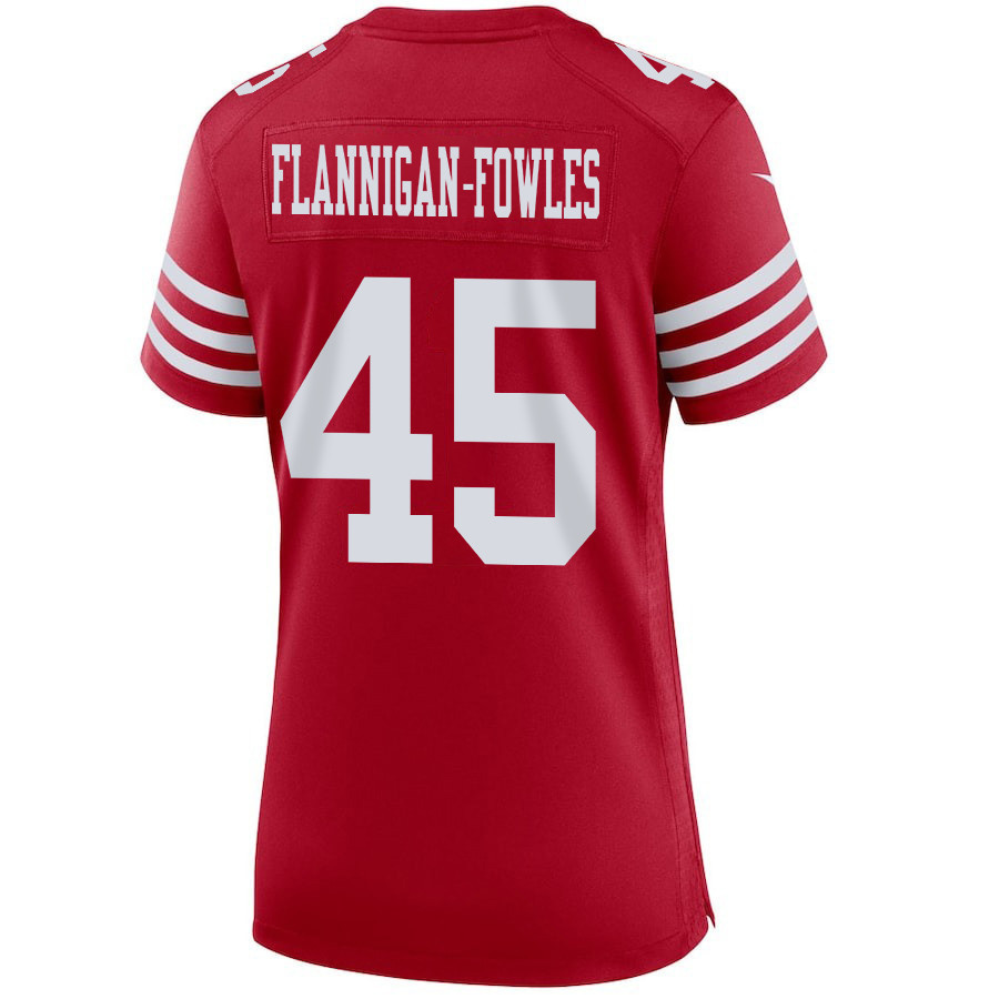 Demetrius Flannigan-Fowles 45 San Francisco 49ers Super Bowl LVIII Patch Game Women Jersey - Scarlet