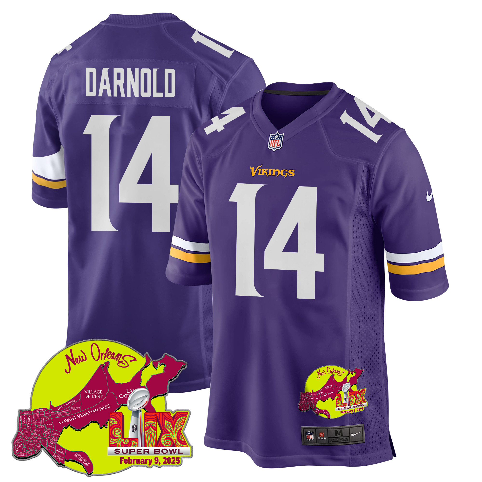 Sam Darnold 14 Minnesota Vikings Super Bowl LIX New Orleans Patch Game Men Jersey - Purple
