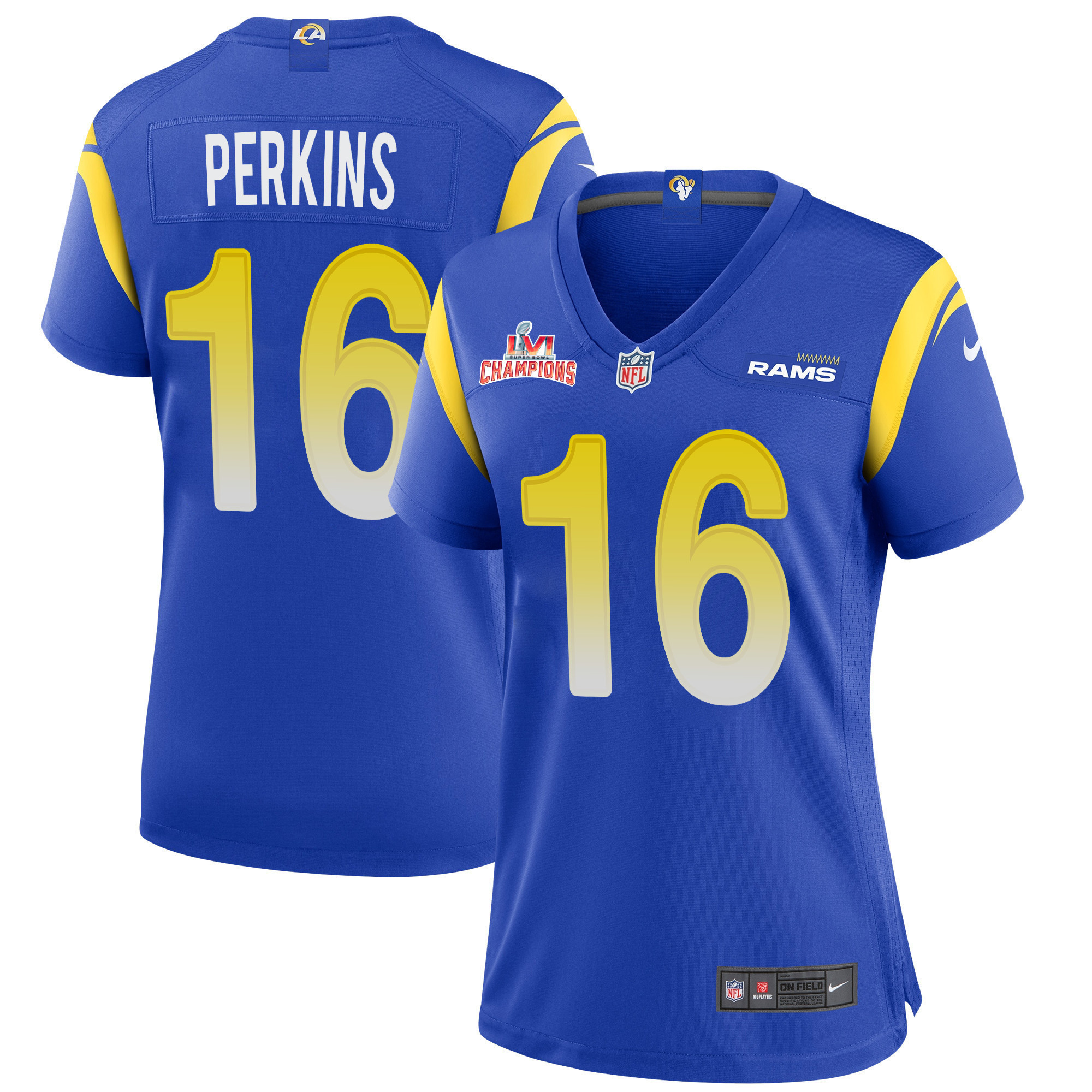 Super Bowl LVI Champions Los Angeles Rams Bryce Perkins 16 Royal Women's Jersey Jersey