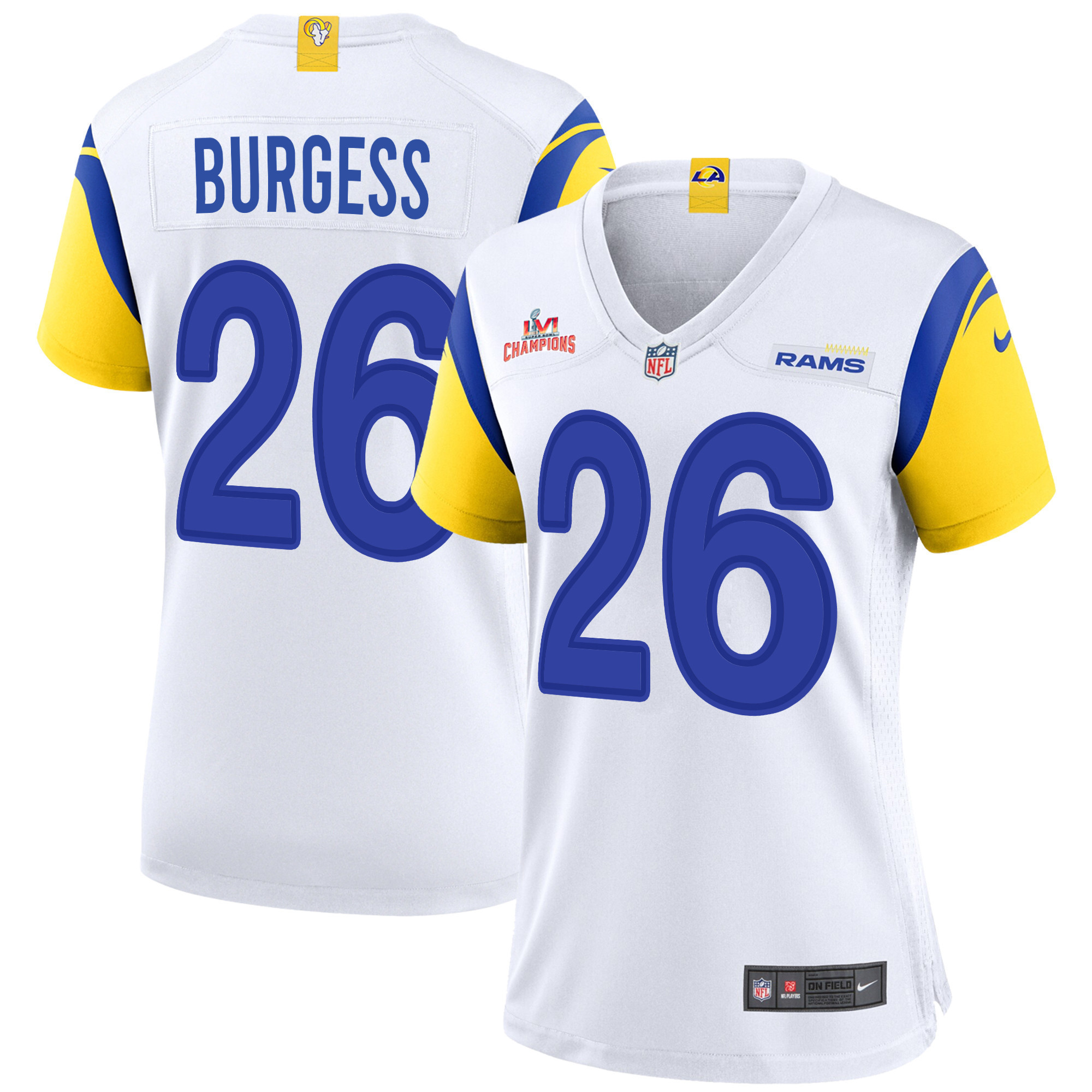 Super Bowl LVI Champions Los Angeles Rams Terrell Burgess 26 White Women's Jersey Jersey