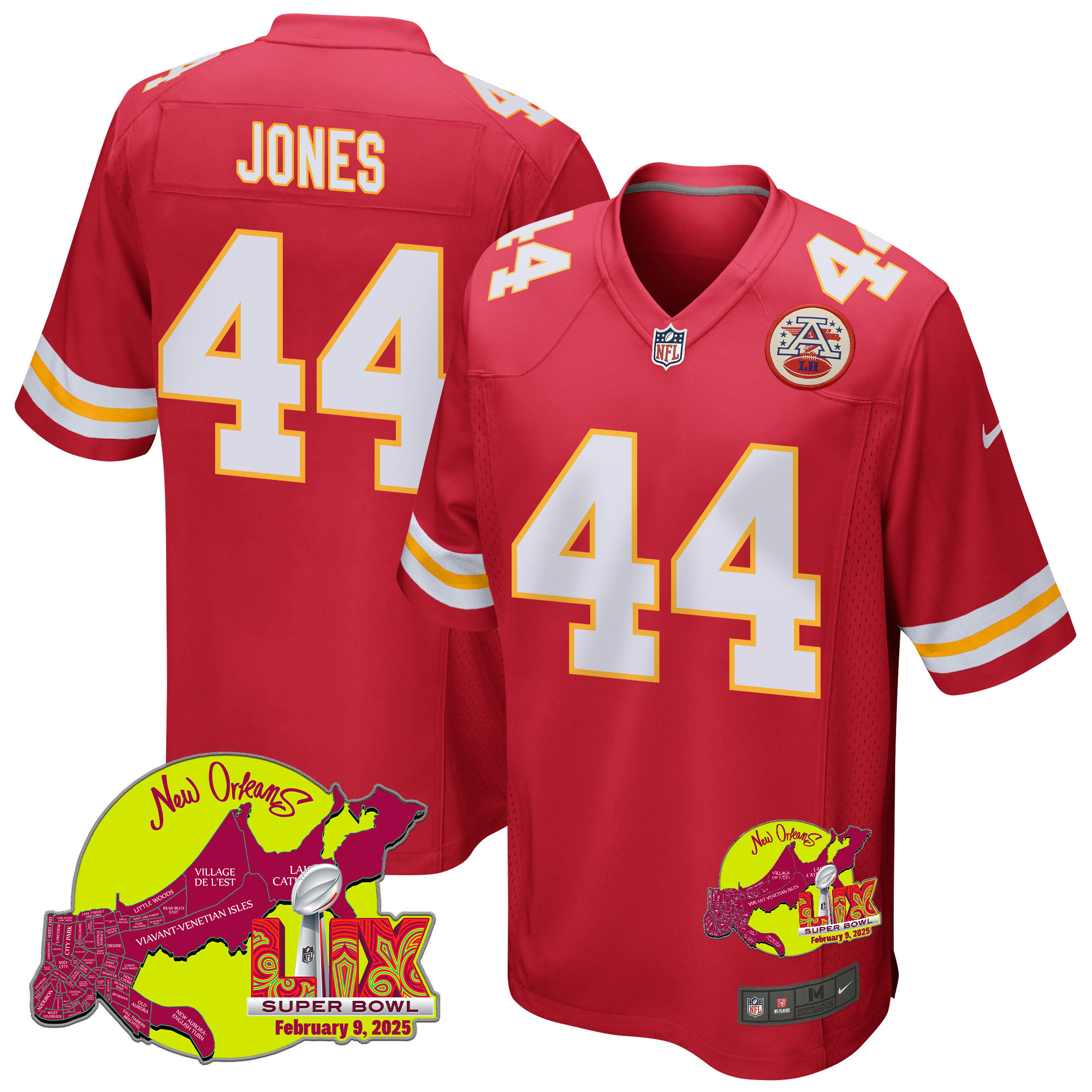 Cam Jones 44 Kansas City Chiefs Super Bowl LIX New Orleans Patch Game Men Jersey - Red