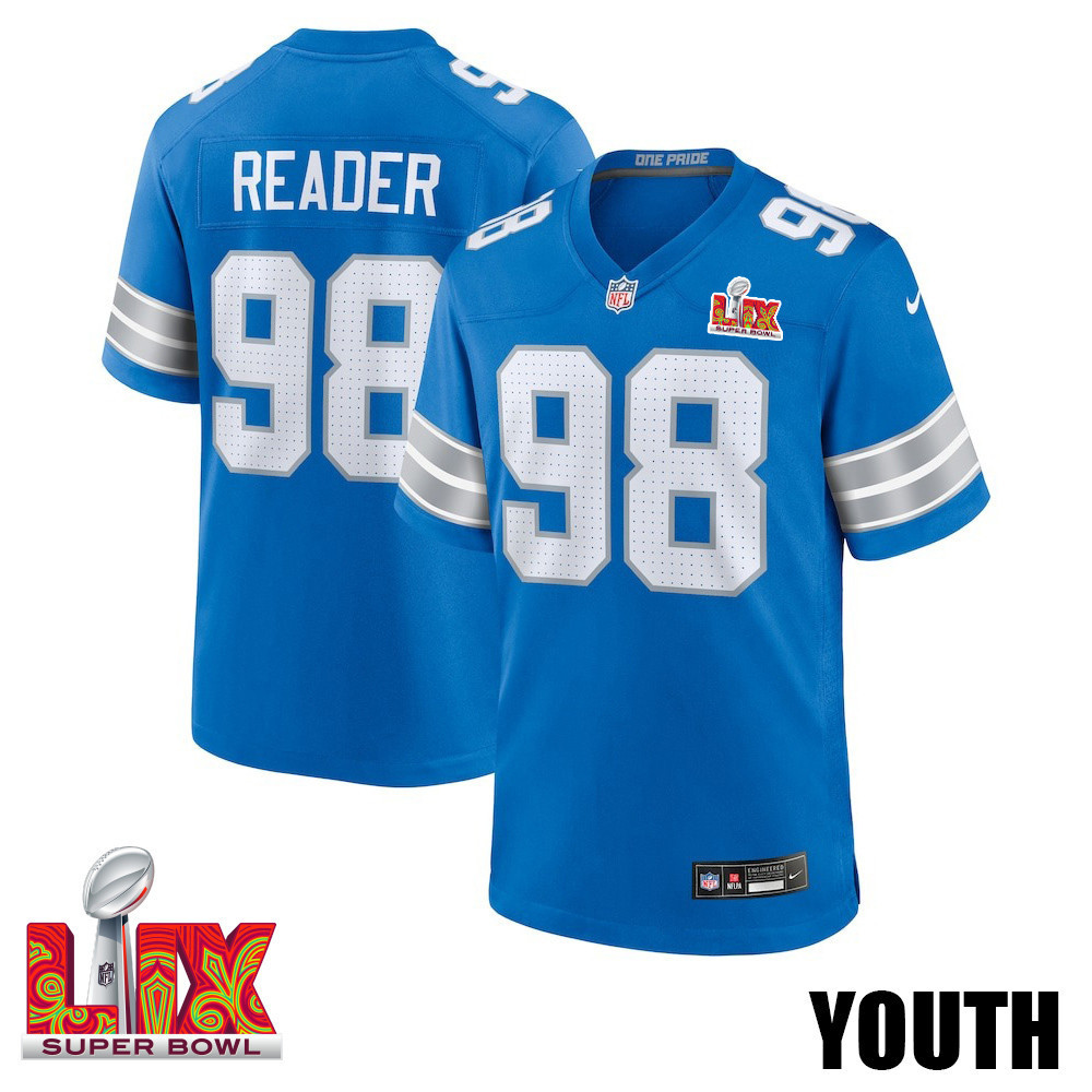DJ Reader #98 Detroit Lions Super Bowl LIX YOUTH Jersey - Blue