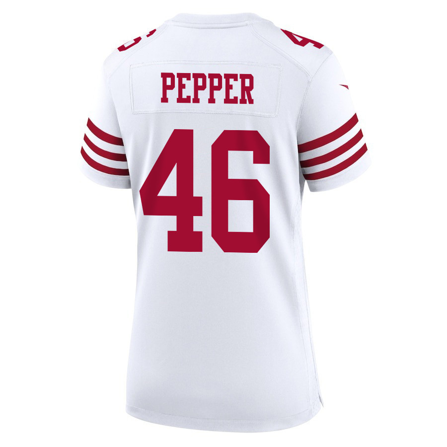 Taybor Pepper 46 San Francisco 49ers Super Bowl LVIII Patch Game Women Jersey - White