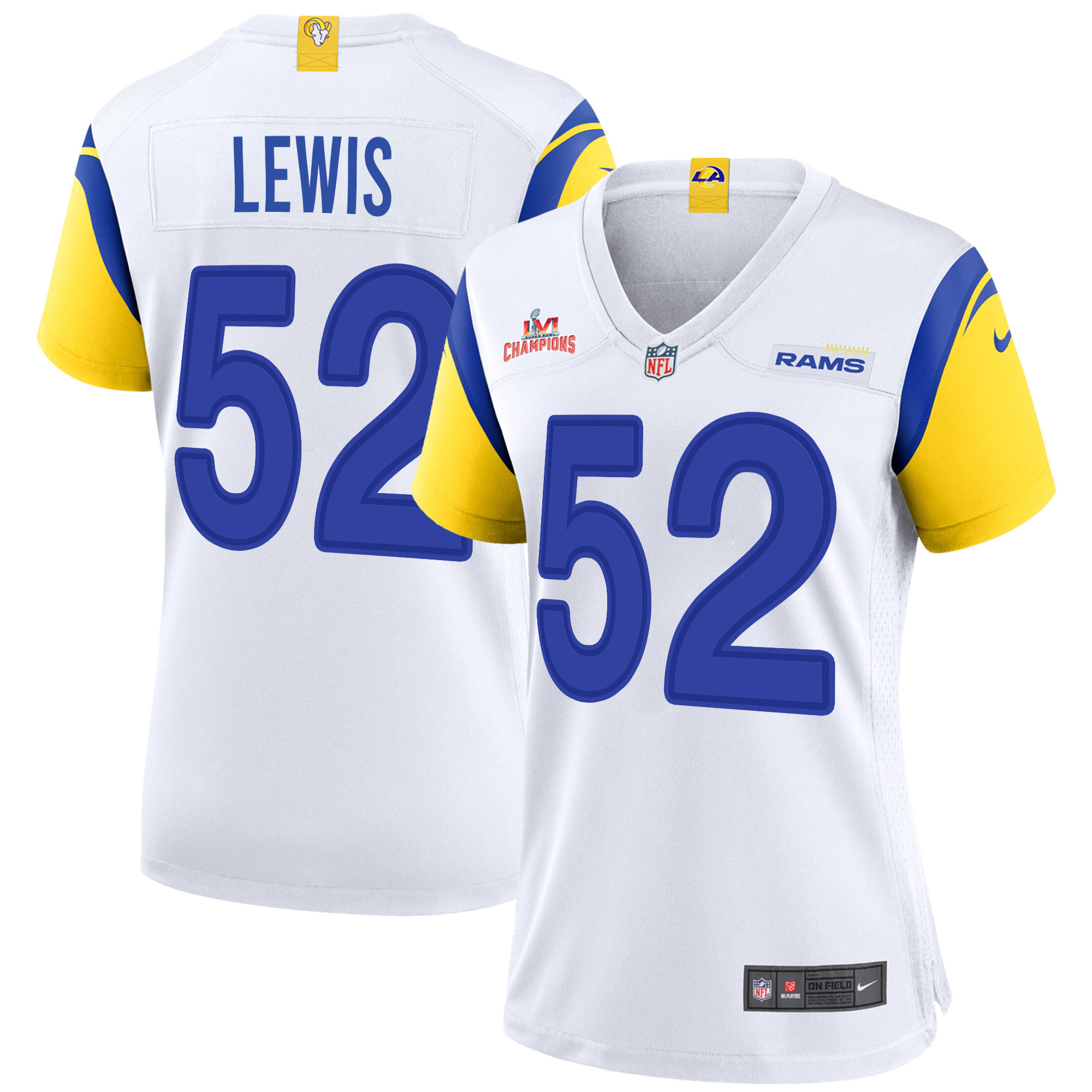 Super Bowl LVI Champions Los Angeles Rams Terrell Lewis 52 White Women's Jersey Jersey