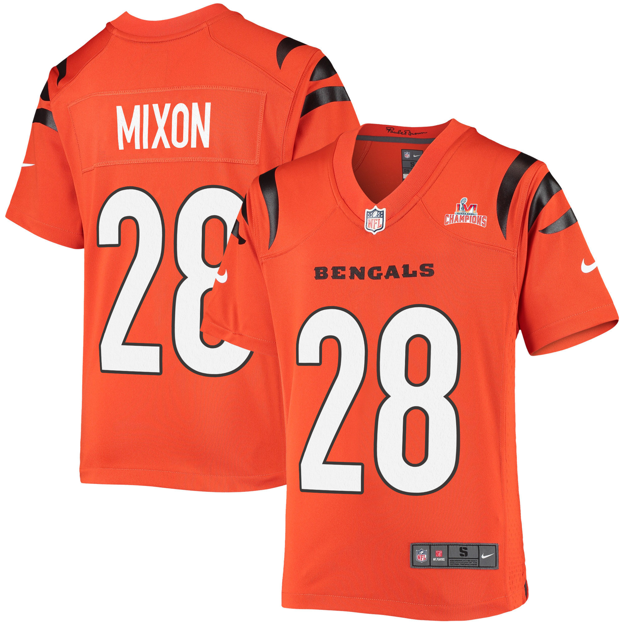 Super Bowl LVI Champions Cincinnati Bengals Joe Mixon 28 Orange Youth's Jersey Jersey