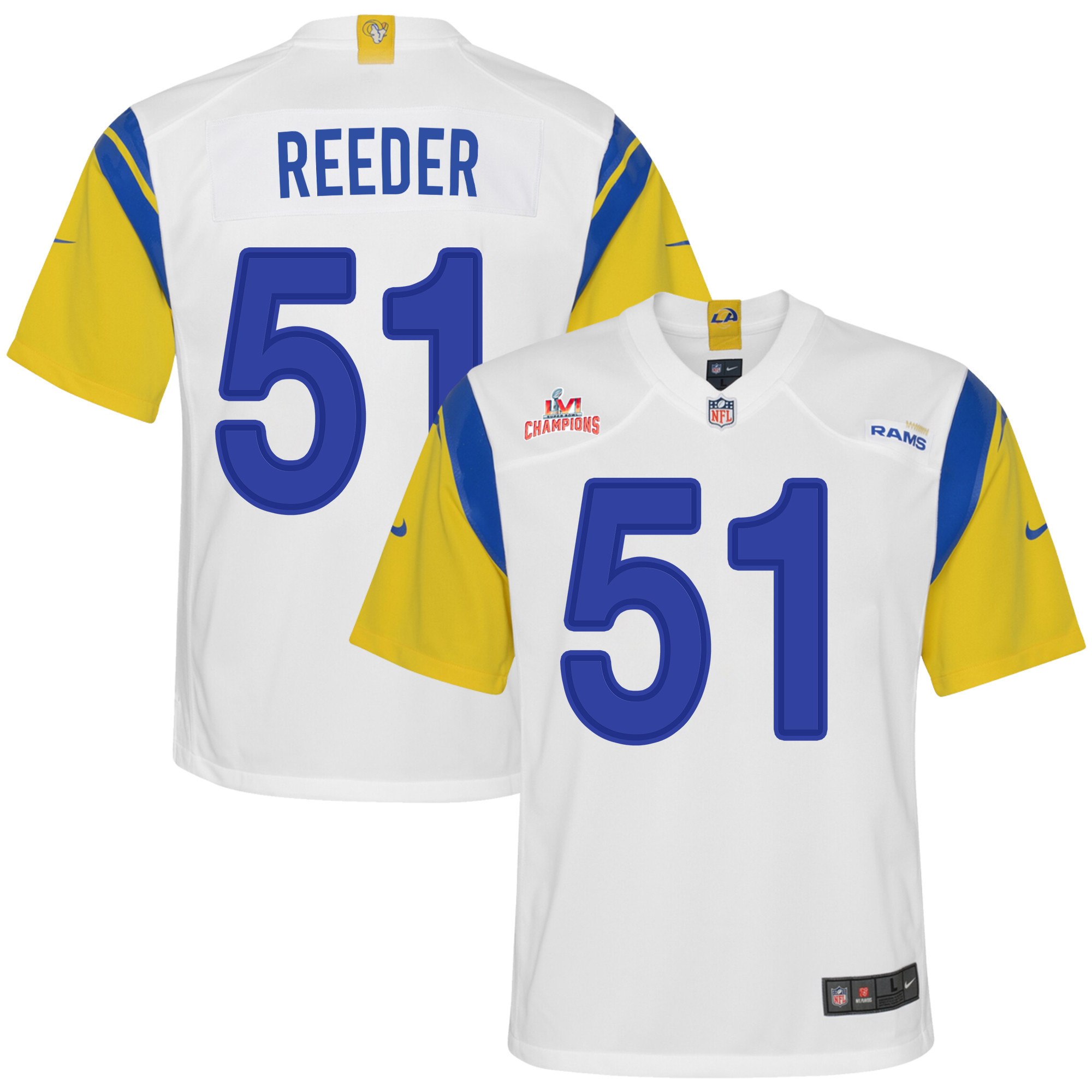 Super Bowl LVI Champions Los Angeles Rams Troy Reeder 51 White Youth's Jersey Jersey