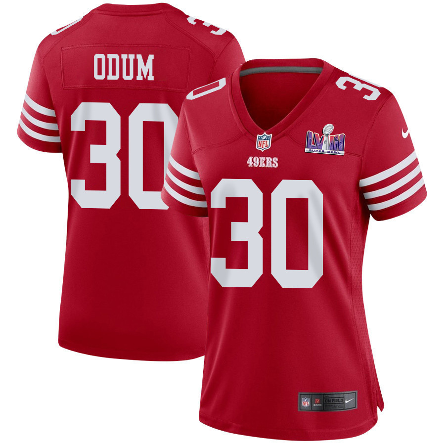 George Odum 30 San Francisco 49ers Super Bowl LVIII Patch Game Women Jersey - Scarlet