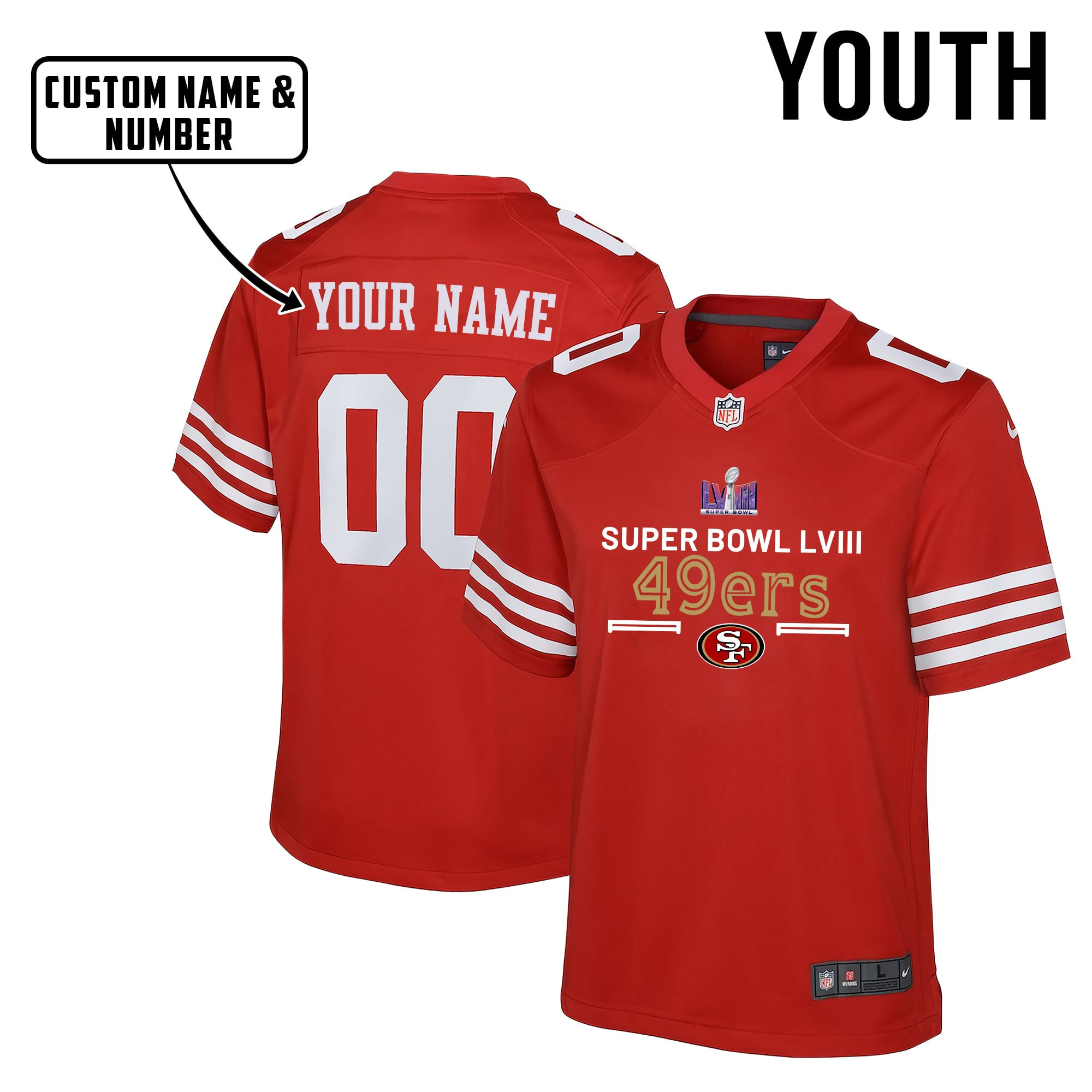 San Francisco 49ers Super Bowl LVIII Game Style YOUTH Jersey - Red V3
