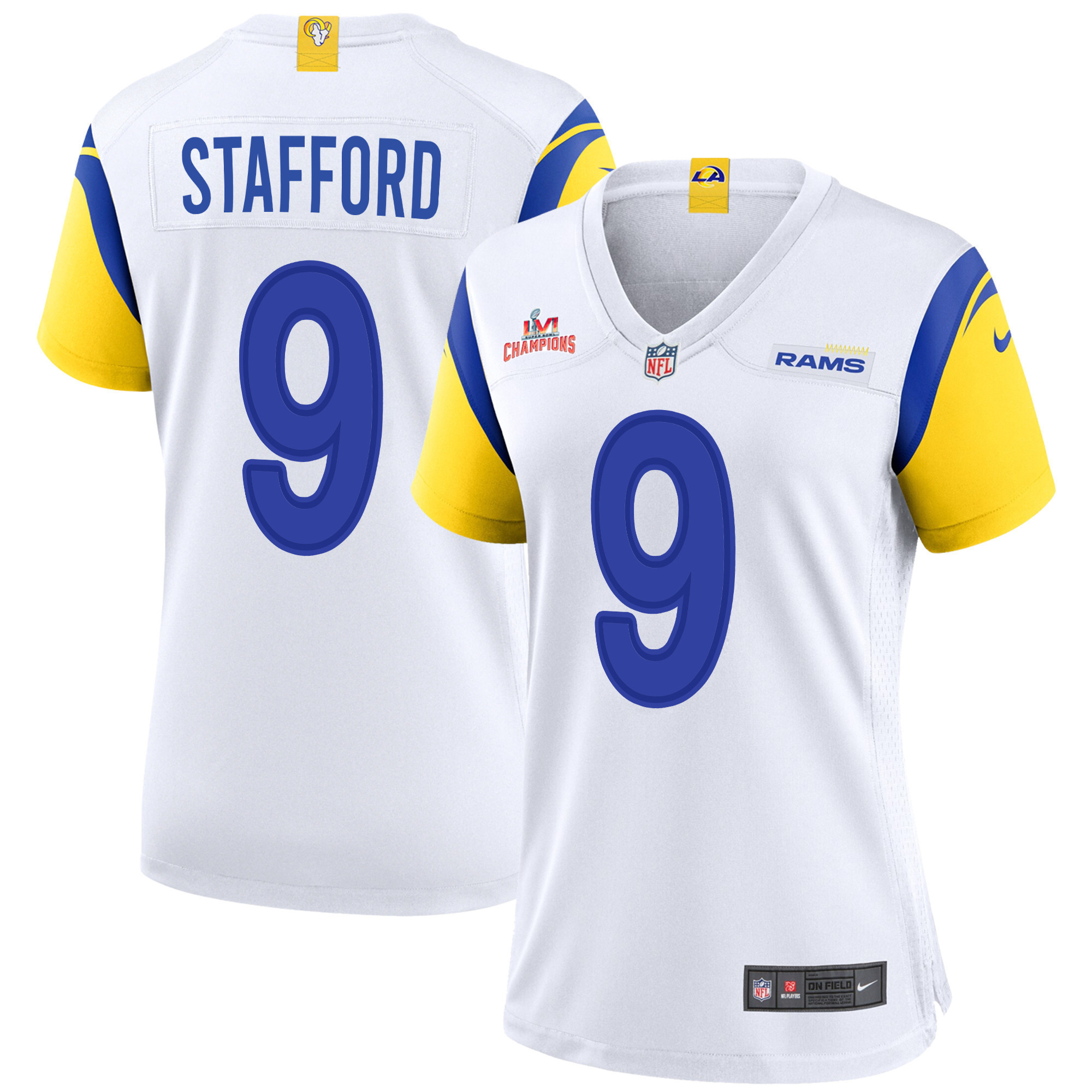Super Bowl LVI Champions Los Angeles Rams Matthew Stafford 9 White Women's Jersey Jersey