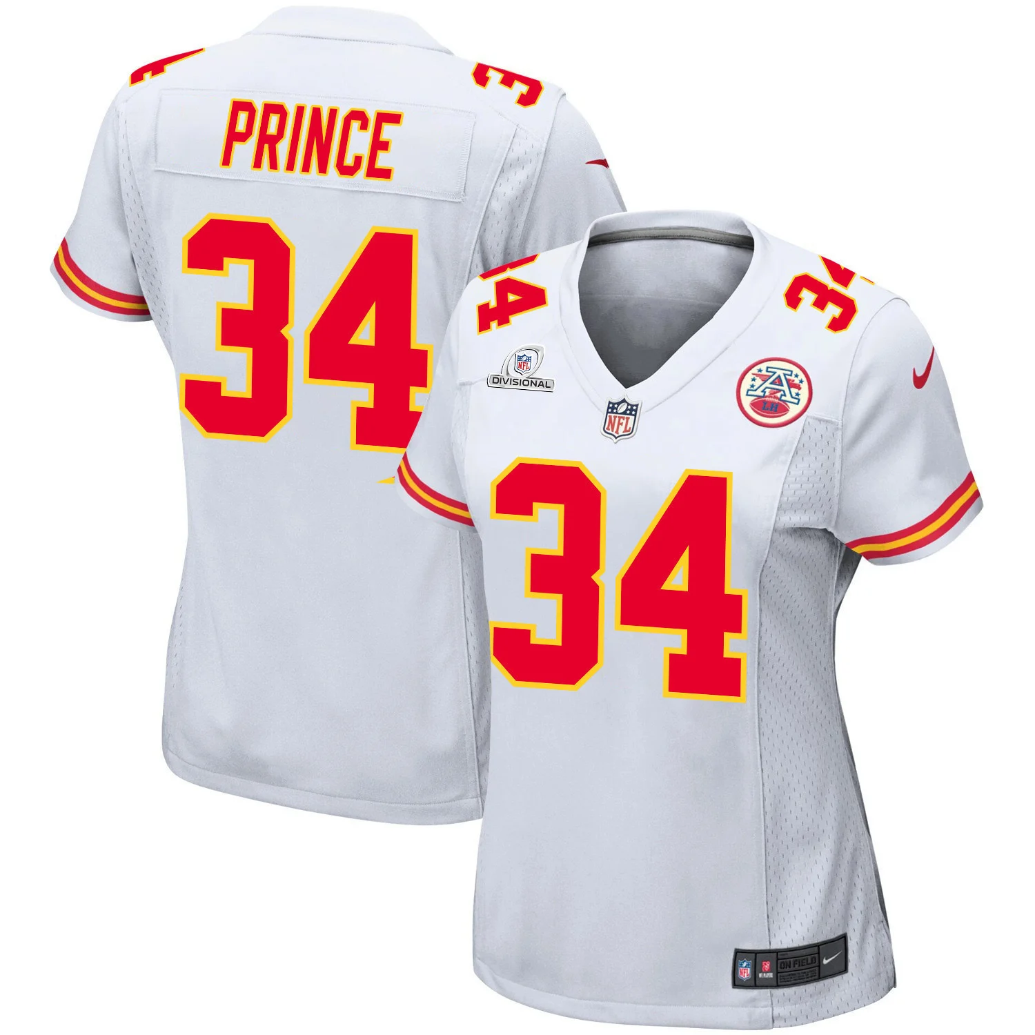 Deneric Prince 34 Kansas City Chiefs Super Bowl LVIII Patch Game Women Jersey - White