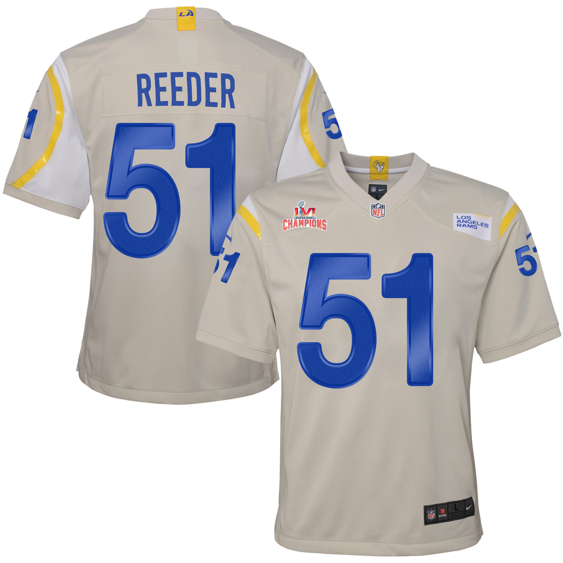 Super Bowl LVI Champions Los Angeles Rams Troy Reeder 51 Bone Youth's Jersey Jersey