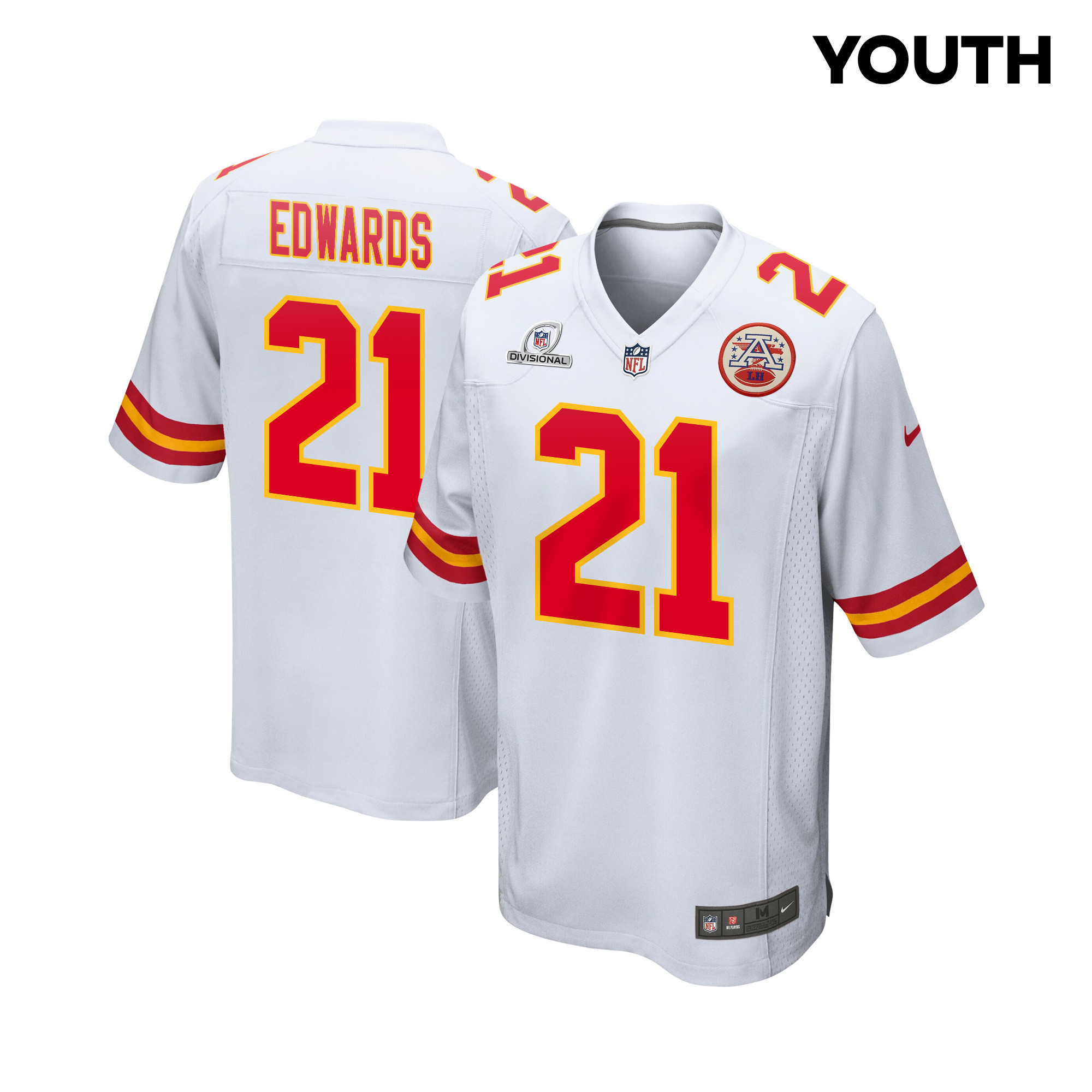 Mike Edwards 21 Kansas City Chiefs Super Bowl LVIII Patch Game YOUTH Jersey - White