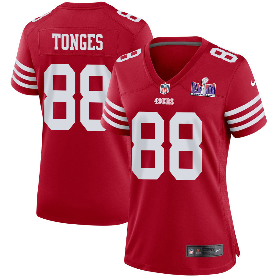 Jake Tonges 88 San Francisco 49ers Super Bowl LVIII Patch Game Women Jersey - Scarlet