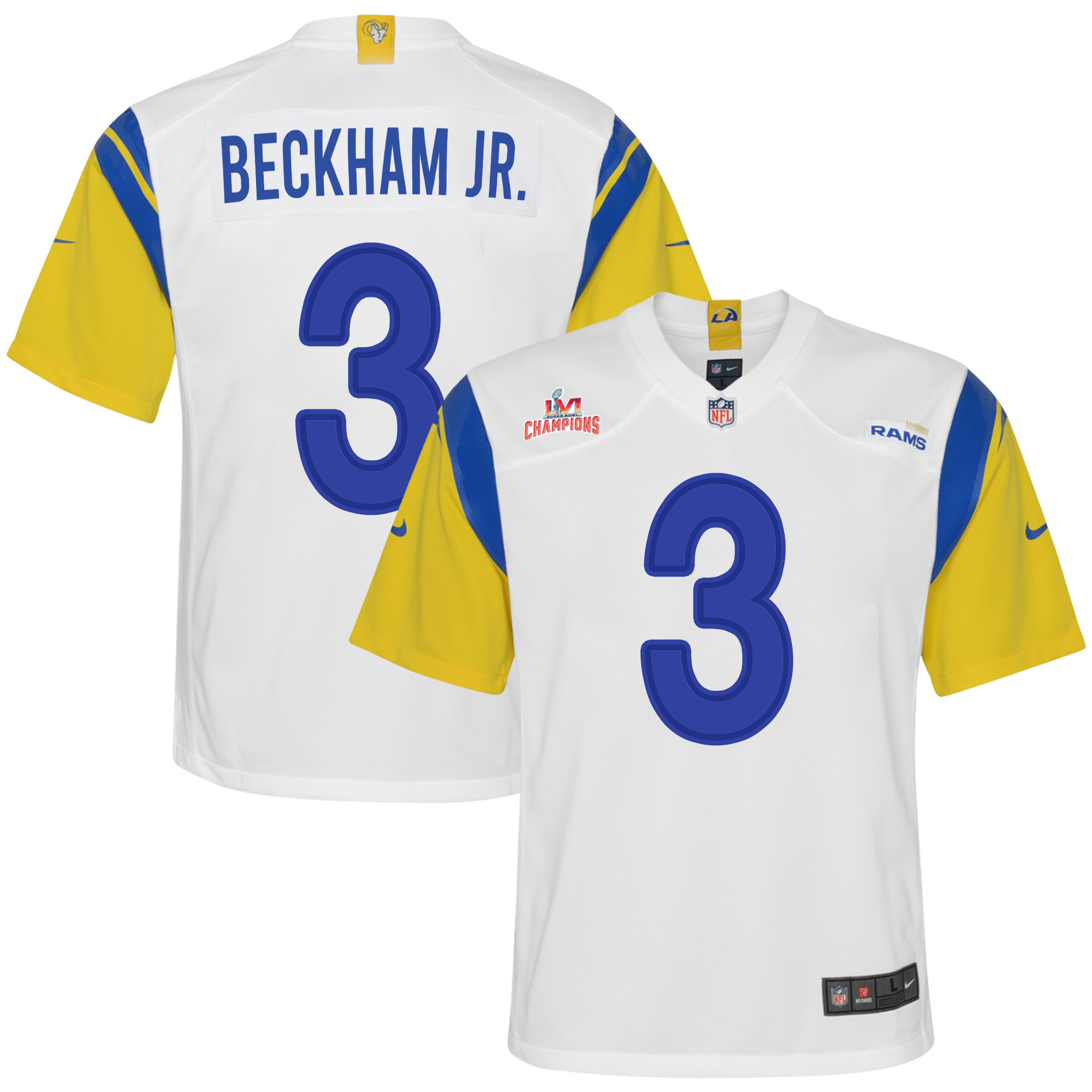 Super Bowl LVI Champions Los Angeles Rams Odell Beckham Jr. 3 White Youth's Jersey Jersey