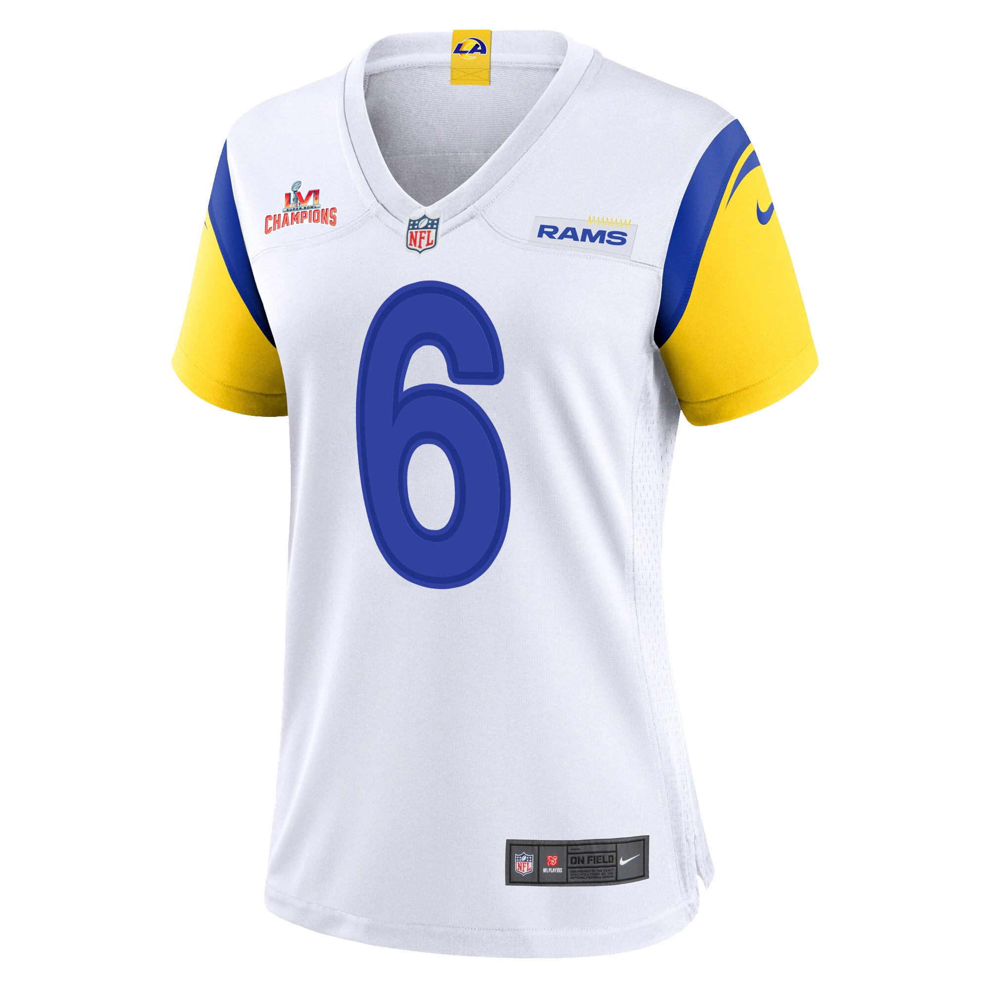 Super Bowl LVI Champions Los Angeles Rams Johnny Hekker 6 White Women's Jersey Jersey