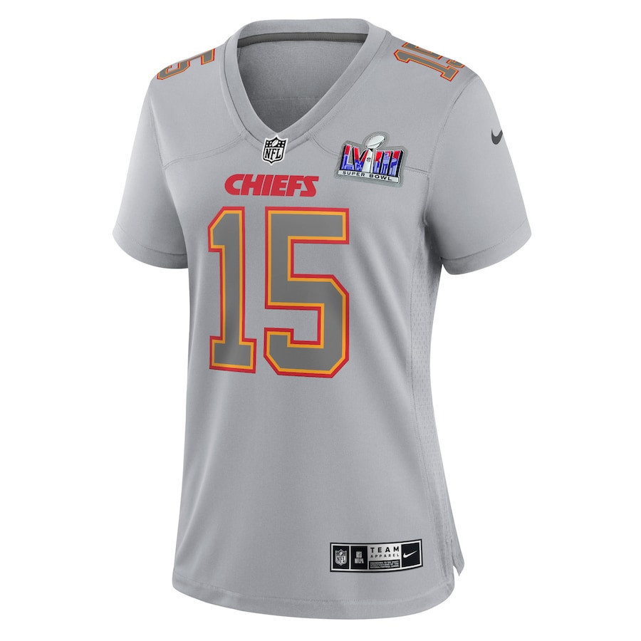 Patrick Mahomes 15 Kansas City Chiefs Super Bowl LVIII Atmosphere Fashion Game Women Jersey - Gray