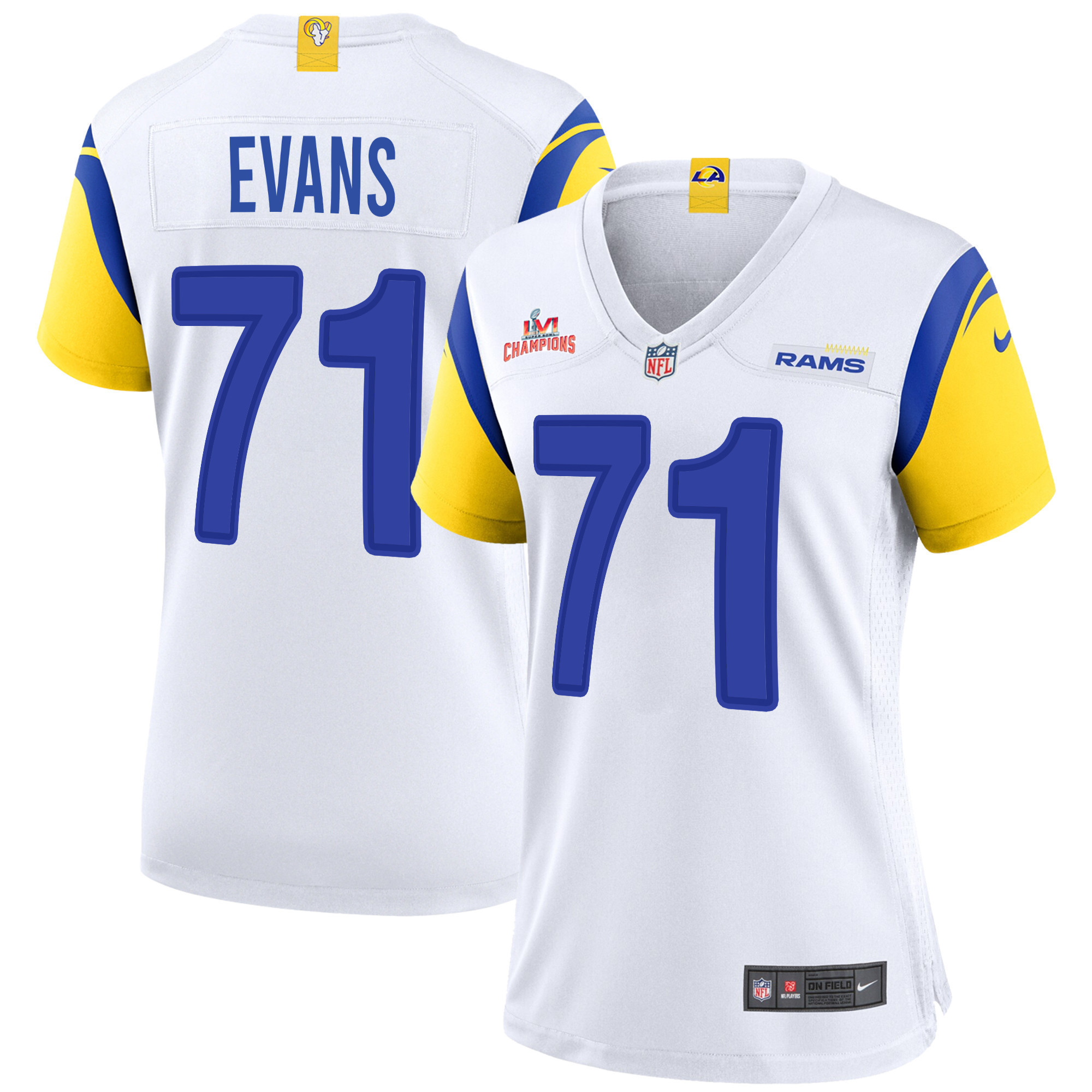 Super Bowl LVI Champions Los Angeles Rams Bobby Evans 71 White Women's Jersey Jersey