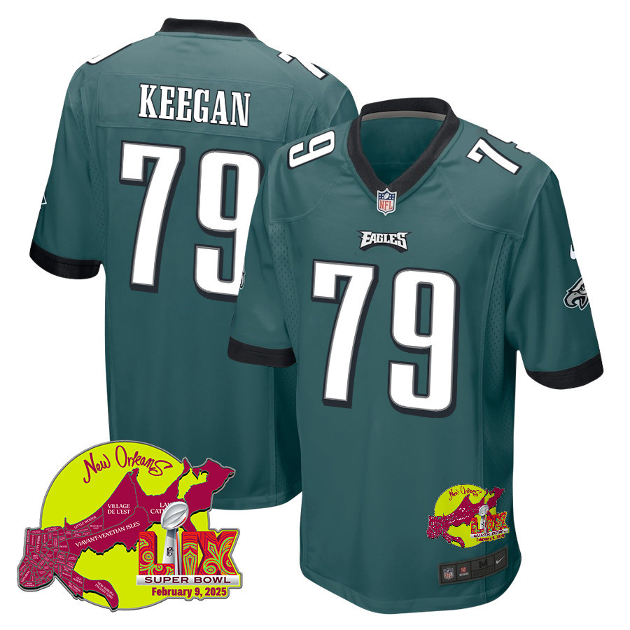 Trevor Keegan 79 Philadelphia Eagles Super Bowl LIX New Orleans Patch Game Men Jersey - Midnight Green