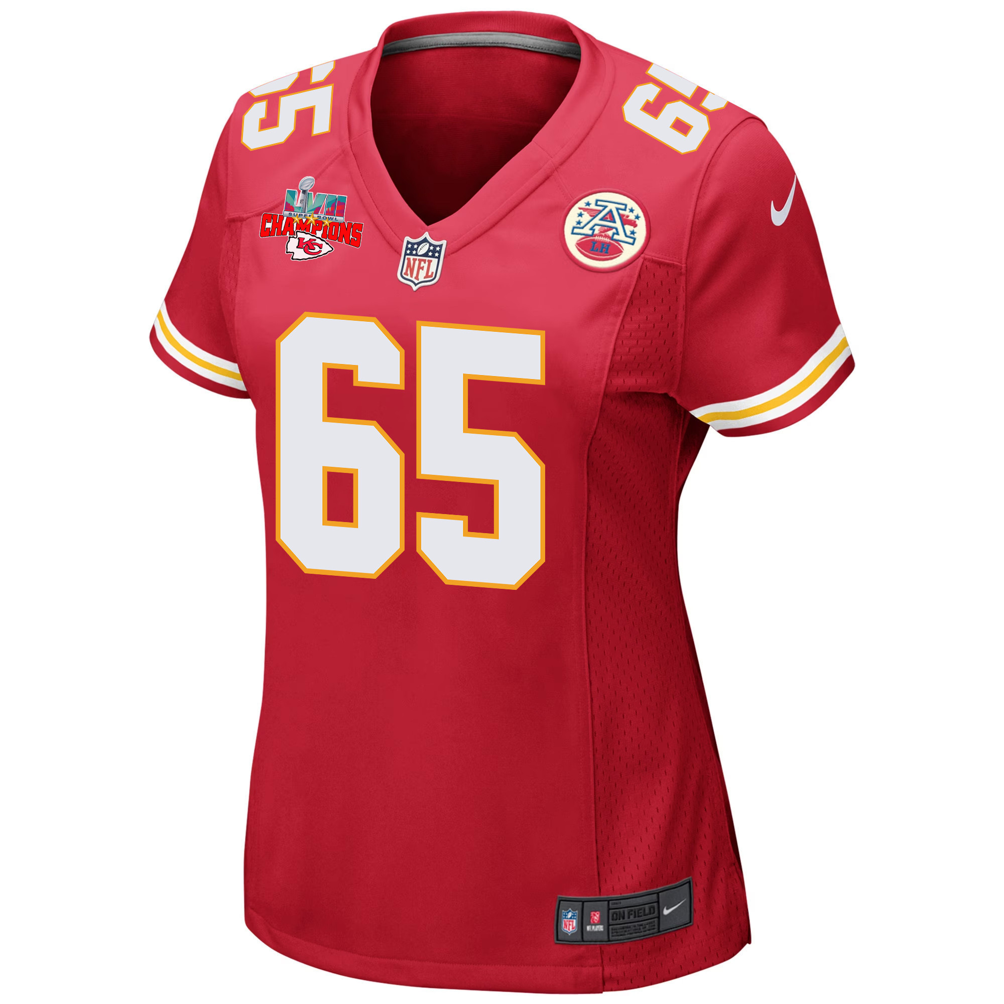 Trey Smith 65 Kansas City Chiefs Super Bowl LVII Champions 3 Stars Women Game Jersey - Red