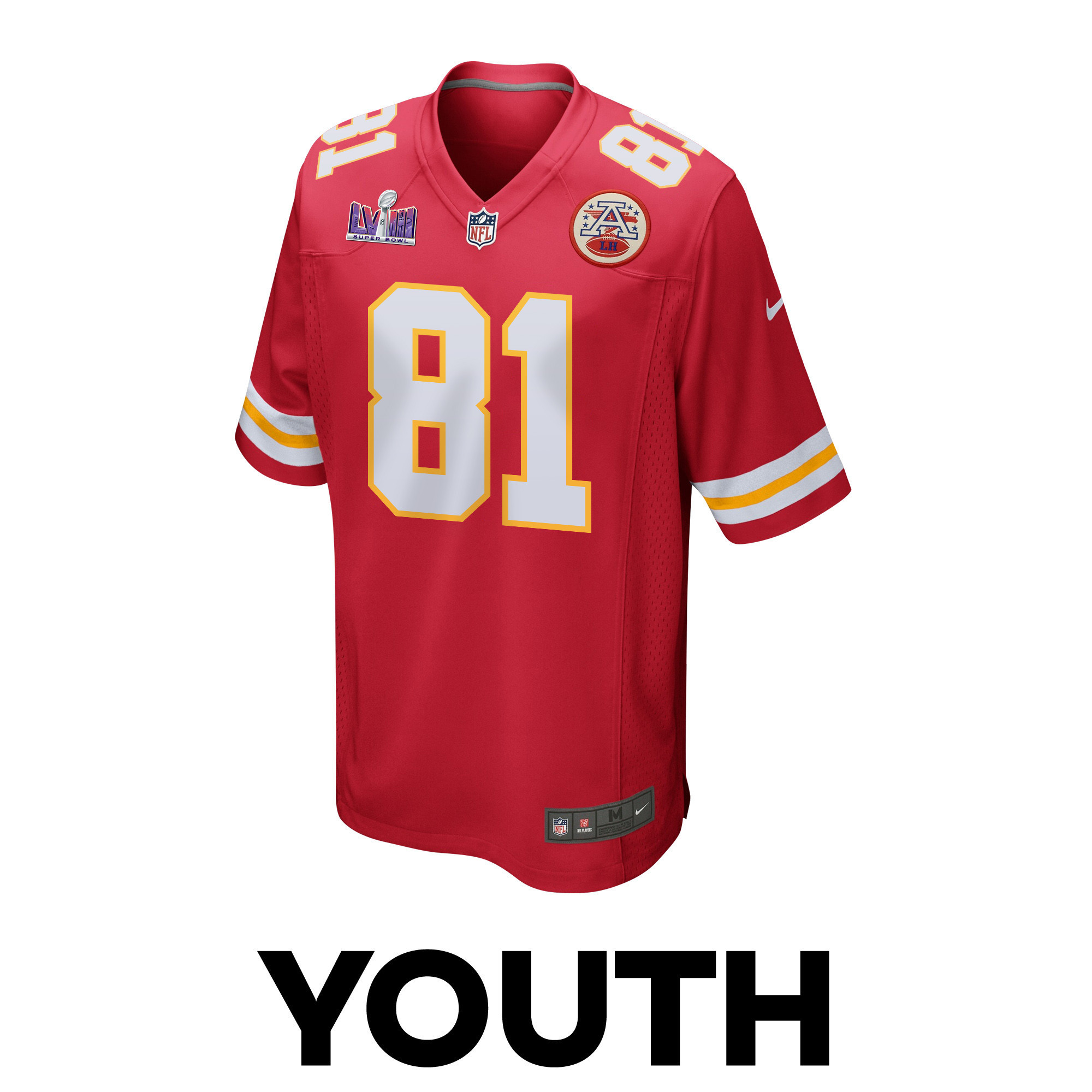 Blake Bell 81 Kansas City Chiefs Super Bowl LVIII Patch Game YOUTH Jersey - Red