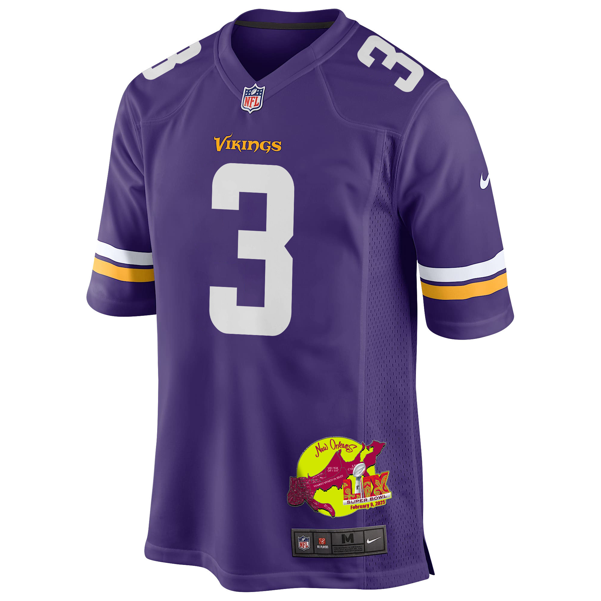 Jordan Addison 3 Minnesota Vikings Super Bowl LIX New Orleans Patch Game Men Jersey - Purple
