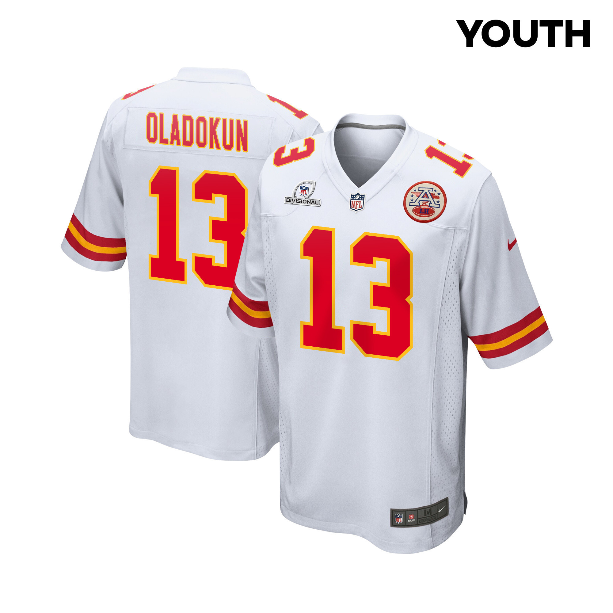 Chris Oladokun 13 Kansas City Chiefs Super Bowl LVIII Patch Game YOUTH Jersey - White
