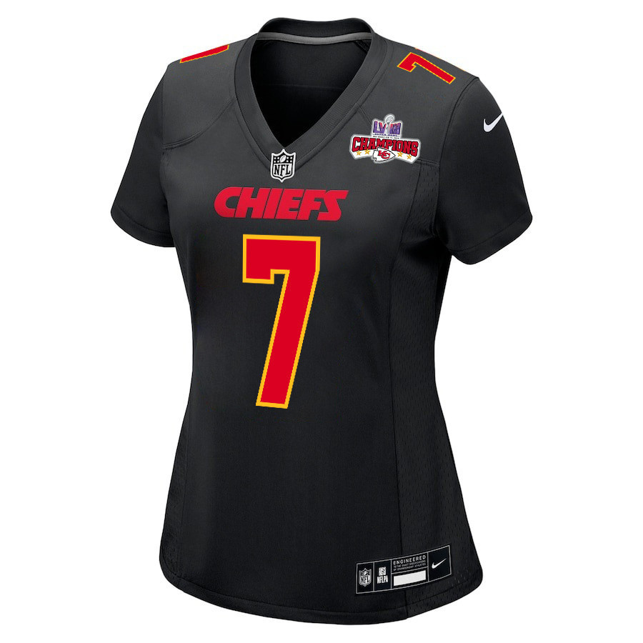Harrison Butker 7 Kansas City Chiefs Super Bowl LVIII Champions 4 Stars Patch Fashion Game Women Jersey - Carbon Black