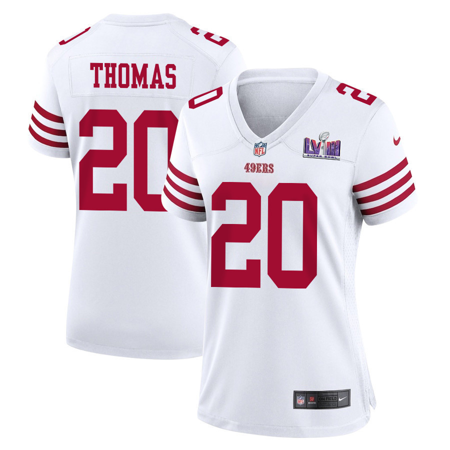 Ambry Thomas 20 San Francisco 49ers Super Bowl LVIII Patch Game Women Jersey - White