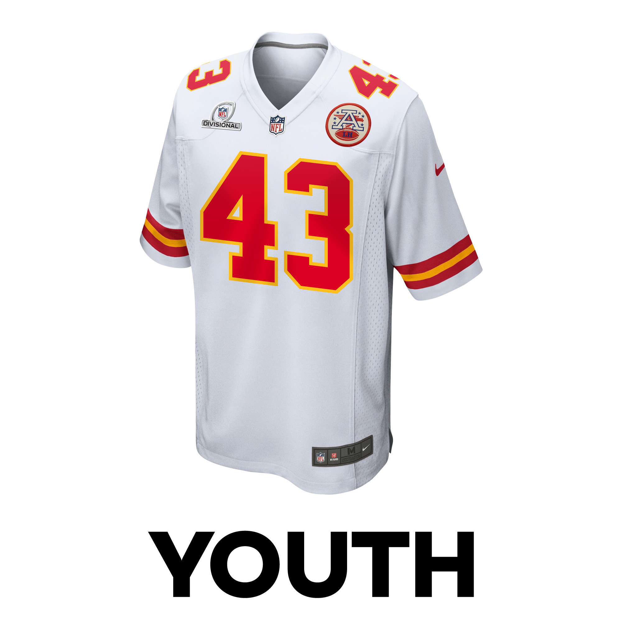 Jack Cochrane 43 Kansas City Chiefs Super Bowl LVIII Patch Game YOUTH Jersey - White