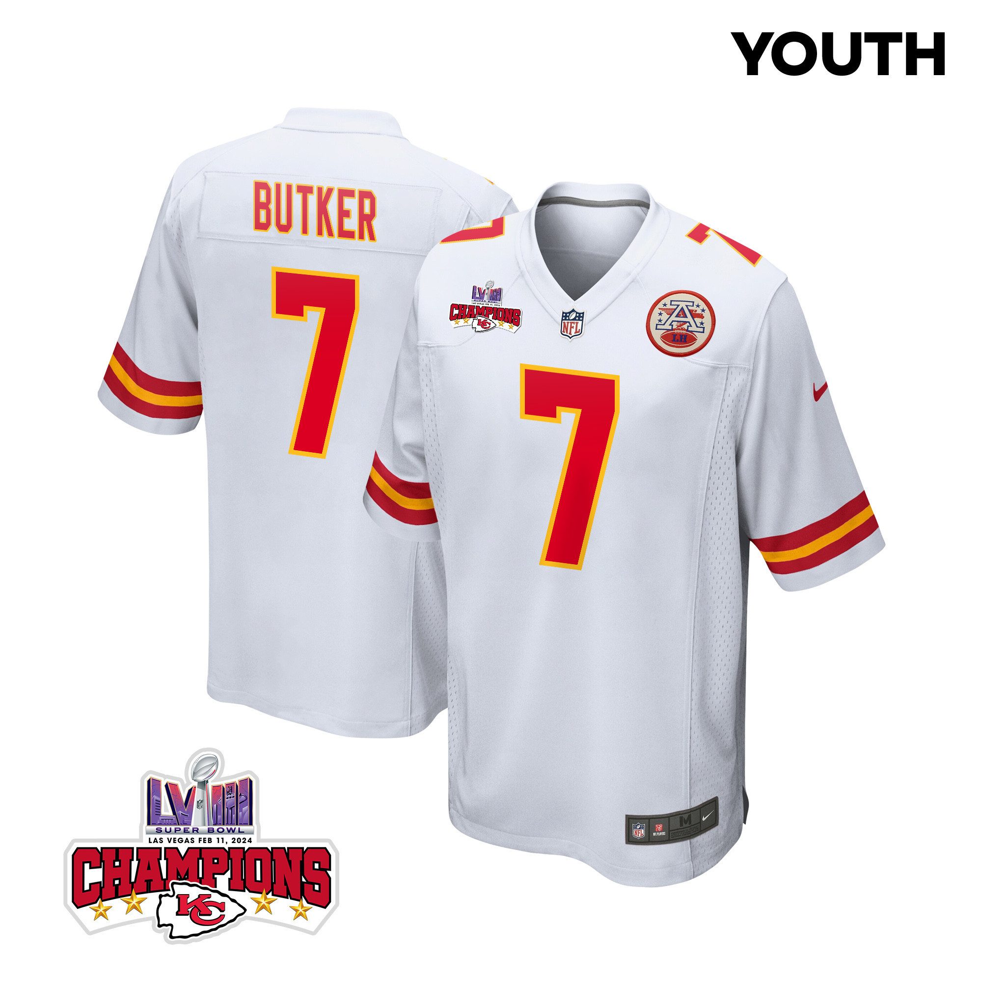 Harrison Butker 7 Kansas City Chiefs Super Bowl LVIII Champions 4 Stars Patch Game YOUTH Jersey - White