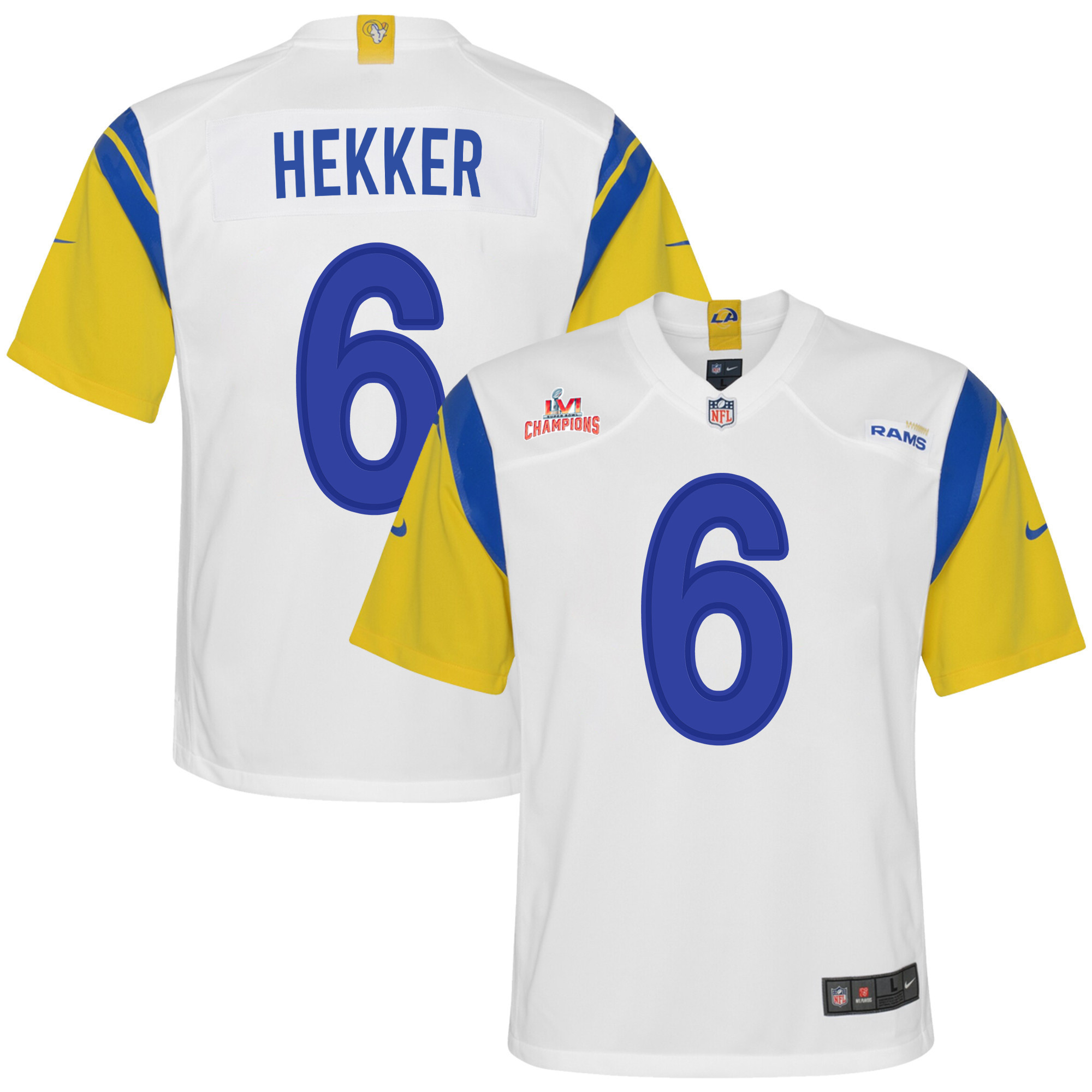 Super Bowl LVI Champions Los Angeles Rams Johnny Hekker 6 White Youth's Jersey Jersey