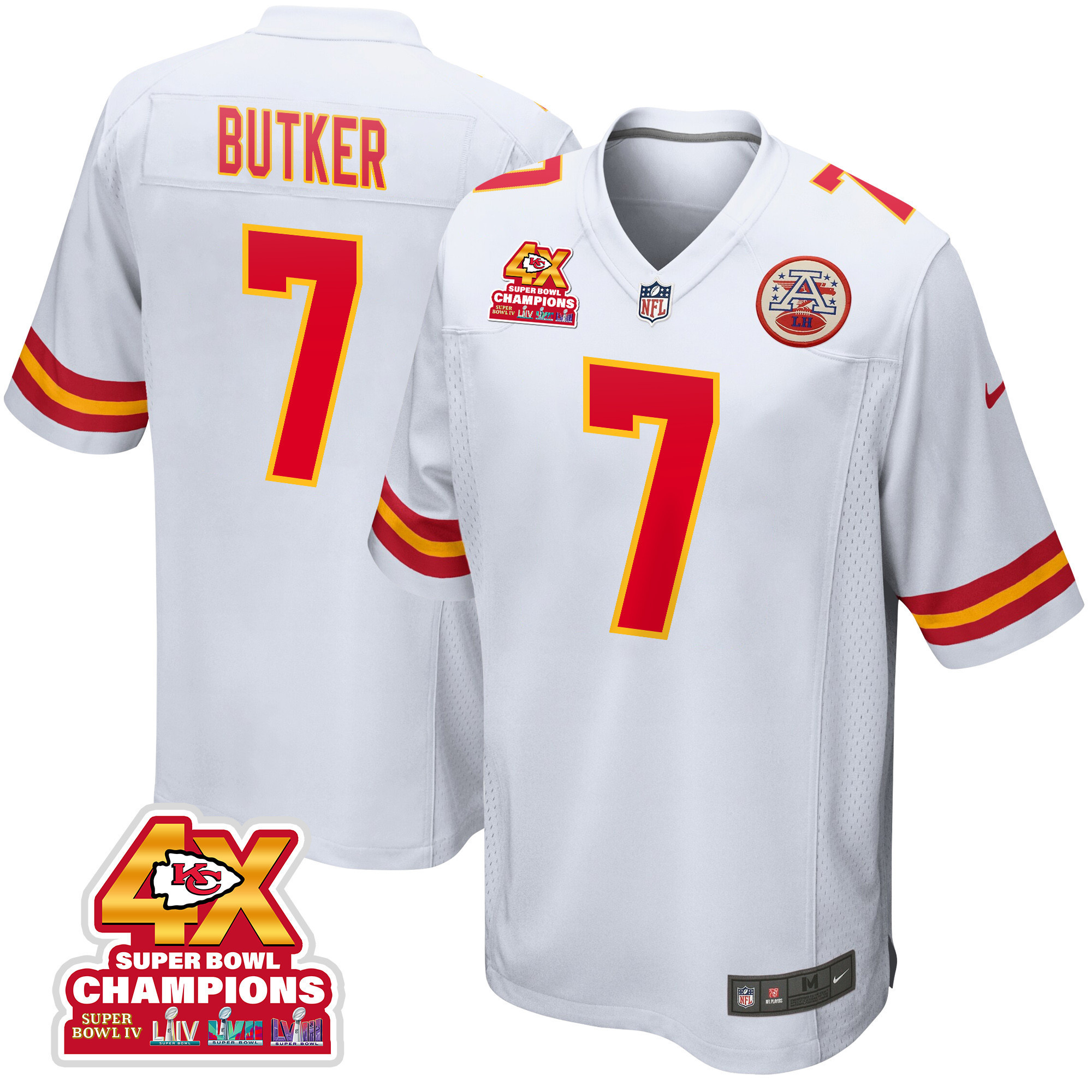 Harrison Butker 7 Kansas City Chiefs Super Bowl LVIII Champions 4X Game Men Jersey - White