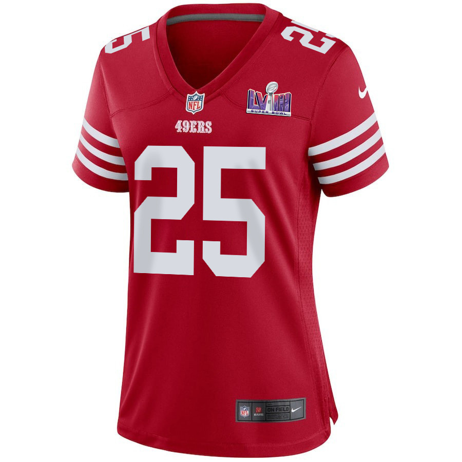 Elijah Mitchell 25 San Francisco 49ers Super Bowl LVIII Patch Game Women Jersey - Scarlet