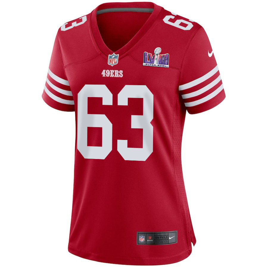 Nick Zakelj 63 San Francisco 49ers Super Bowl LVIII Patch Game Women Jersey - Scarlet