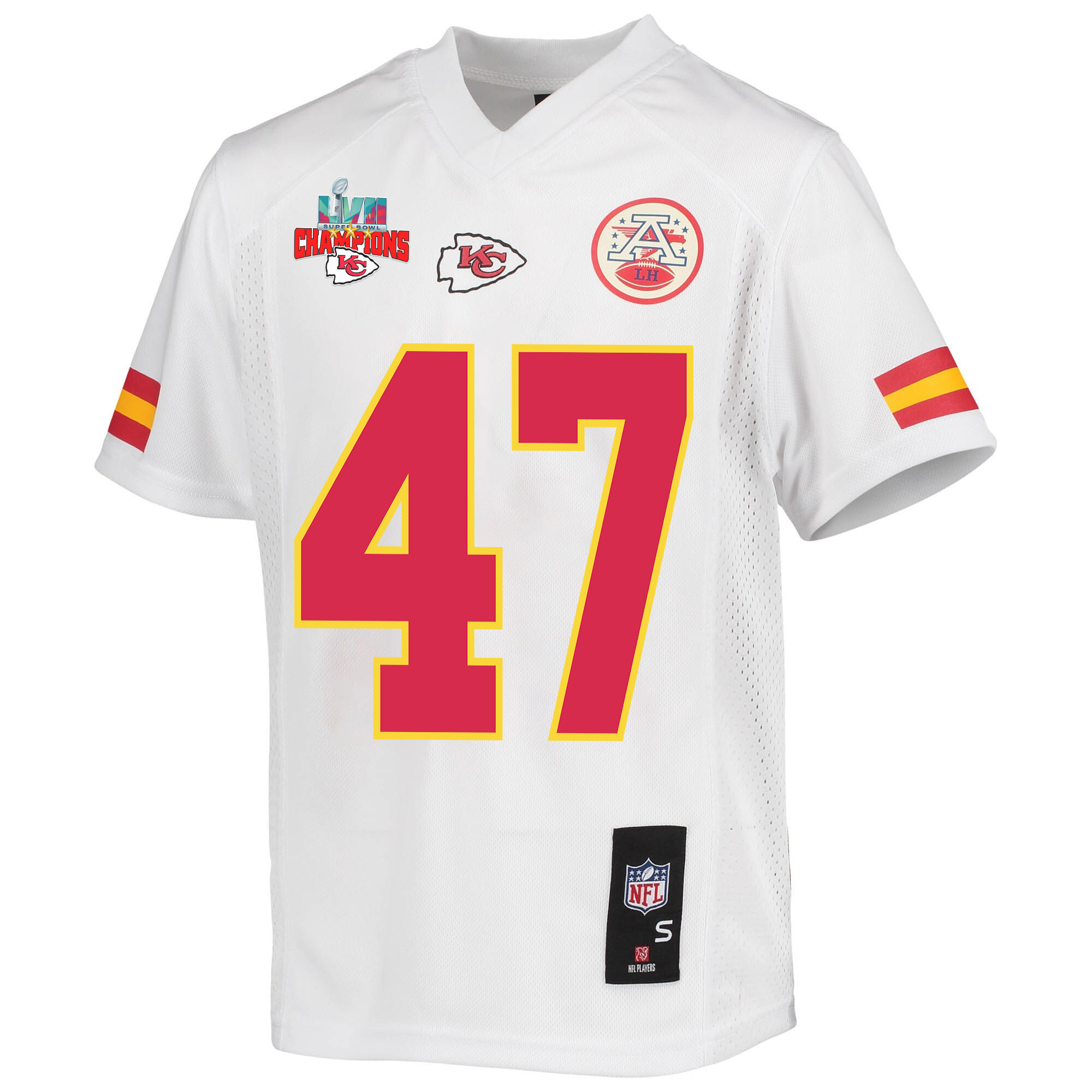 Darius Harris 47 Kansas City Chiefs Super Bowl LVII Champions 3 Stars Youth Game Jersey - White