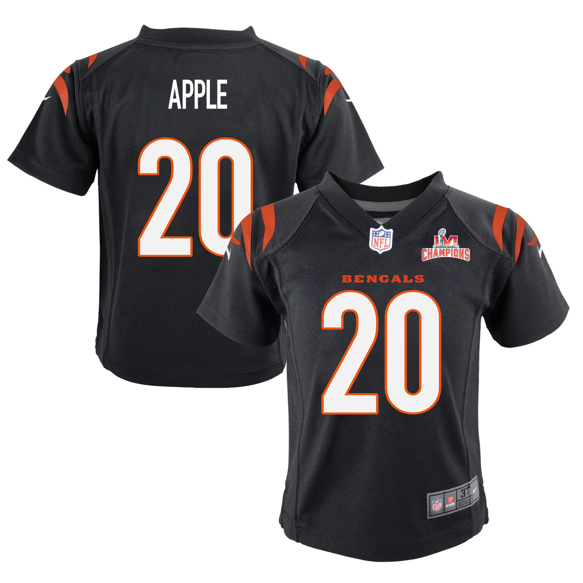 Super Bowl LVI Champions Cincinnati Bengals Eli Apple 20 Black Youth's Jersey Jersey