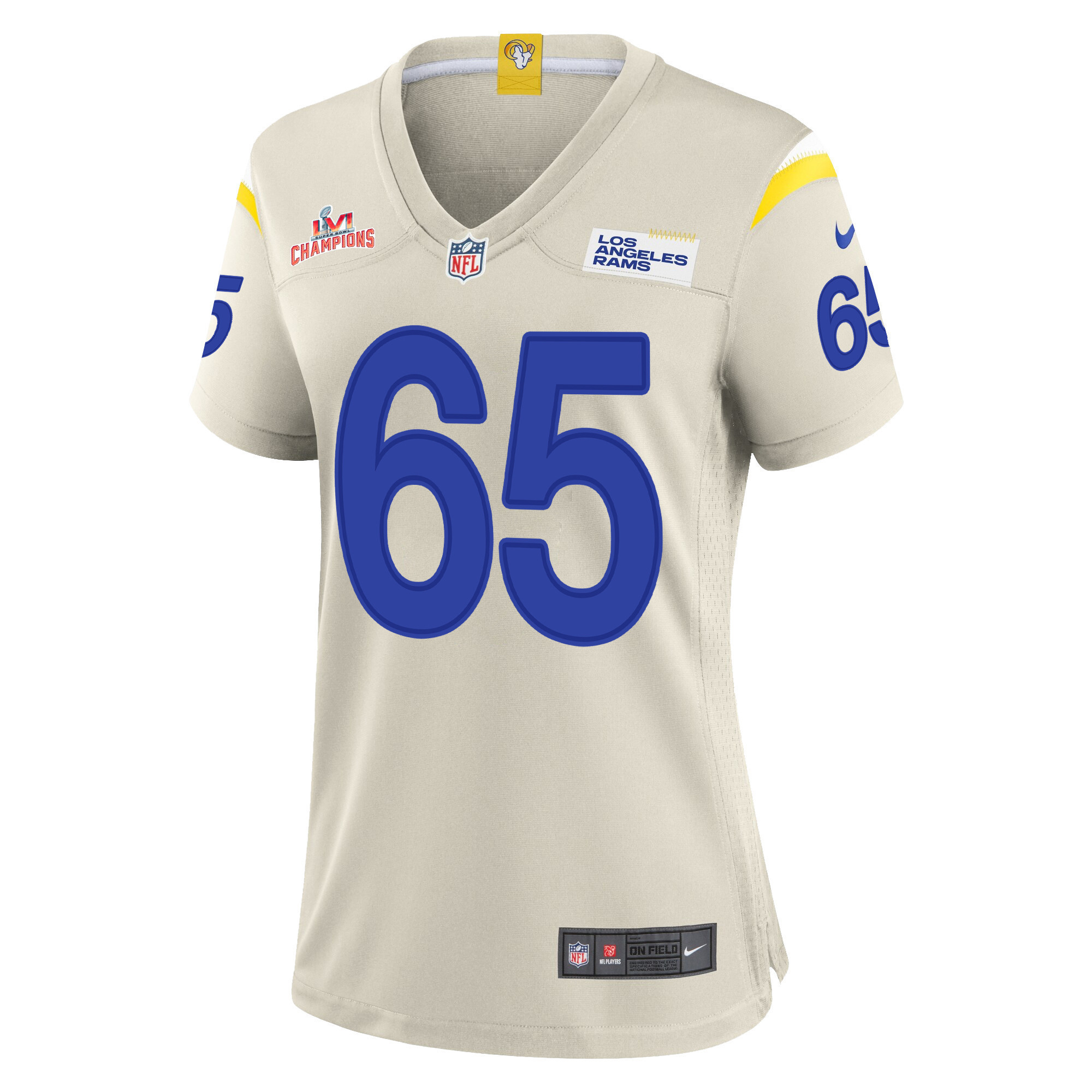 Super Bowl LVI Champions Los Angeles Rams Coleman Shelton 65 Bone Women's Jersey Jersey