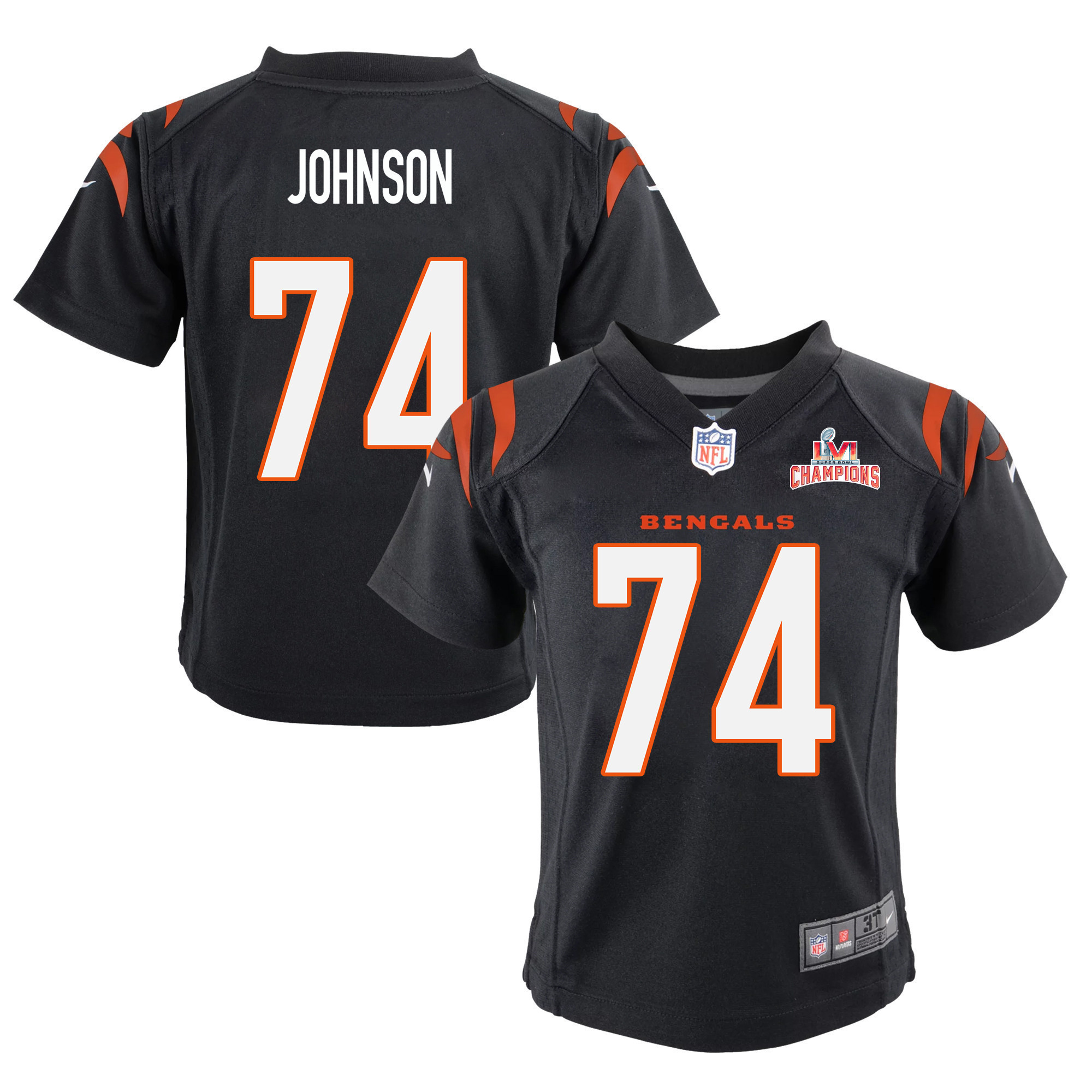 Super Bowl LVI Champions Cincinnati Bengals Fred Johnson 74 Black Youth's Jersey Jersey