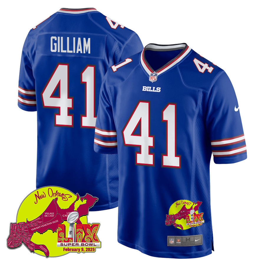 Reggie Gilliam 41 Buffalo Bills Super Bowl LIX New Orleans Patch Game Men Jersey - Royal
