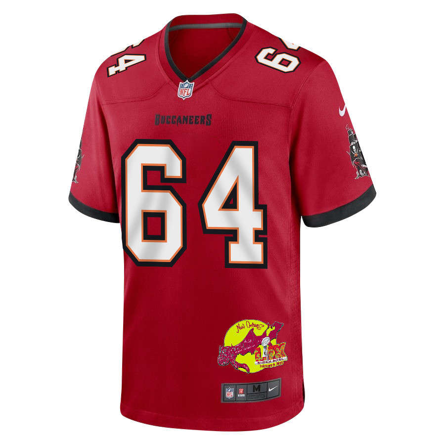Royce Newman 64 Tampa Bay Buccaneers Super Bowl LIX New Orleans Patch Game Men Jersey - Red